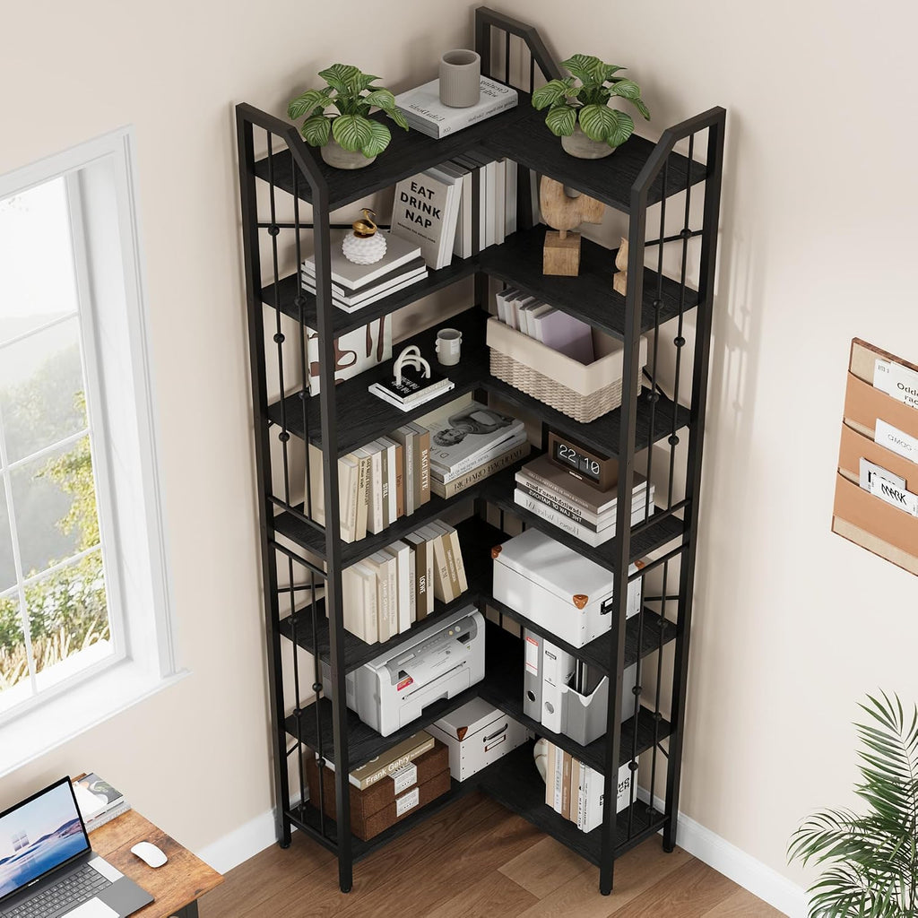 GarveeHome Corner Bookshelf 86' l Shaped Bookcase, Corner Bookshelves Black Bookcase 7 Tier l-Shape Bookshelf, Large Bookcases with Beaded Design Tall Display Rack Shelf for Living Room Bedroom