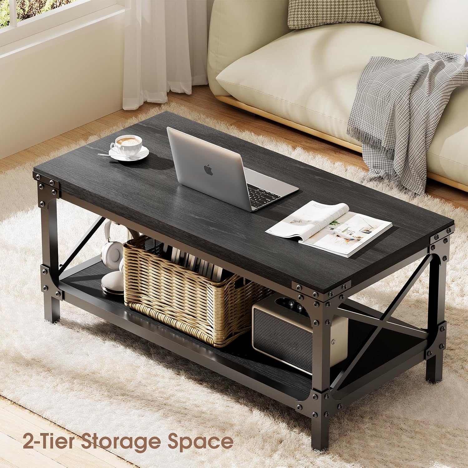 Rectangle Coffee Tables for Living Room, Wood Rectangular Coffee Table, 2 Tier Industrial Modern Center Table with Thickened Tabletop and Metal Frame, 40 inch Long (Black)