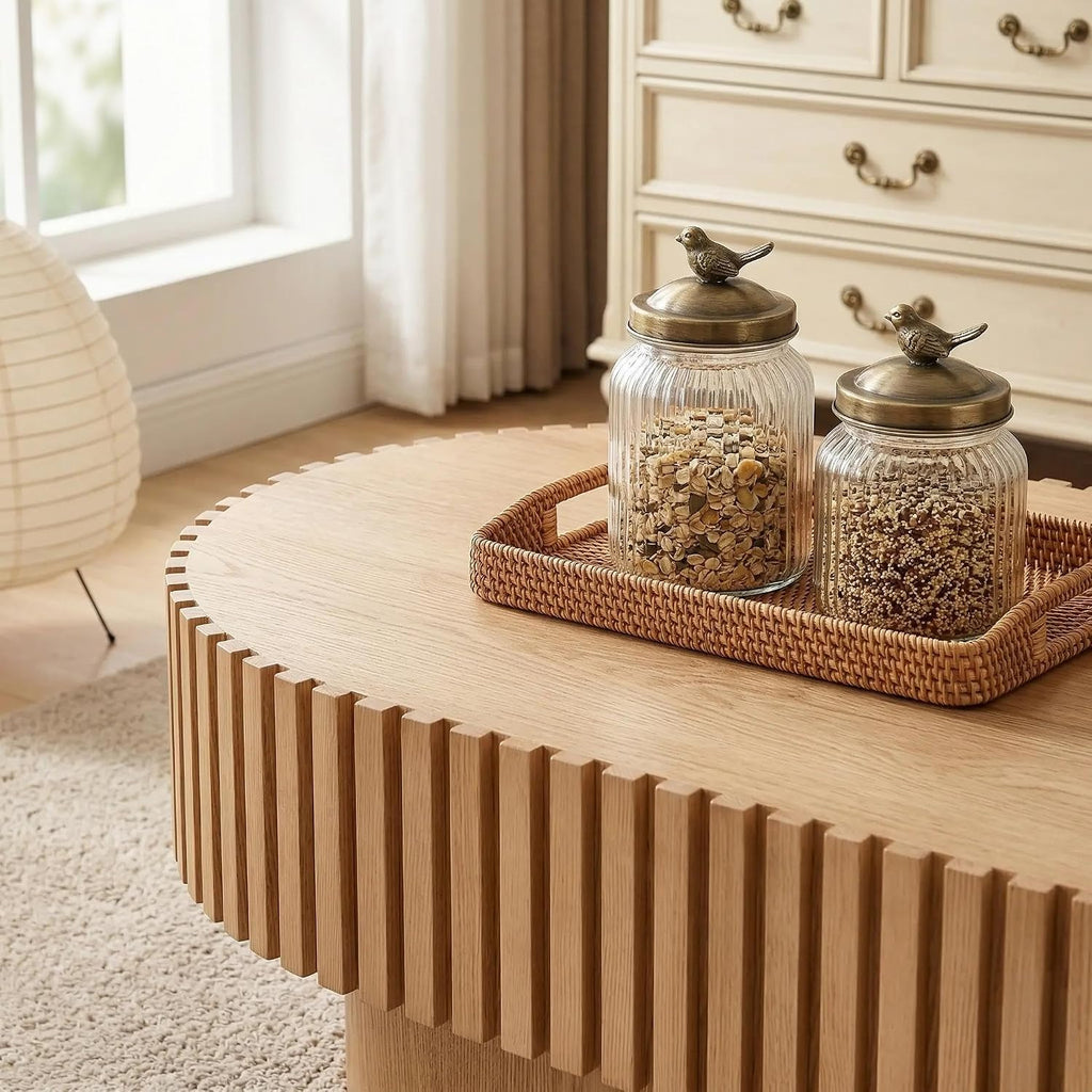 Oval Coffee Table for Living Room Fluted Coffee Table with Pedestal Modern Handcrafted Wood Center Table Tea Table Home Furniture Office Apartment Easy Assembly 43.7' Natural Wood