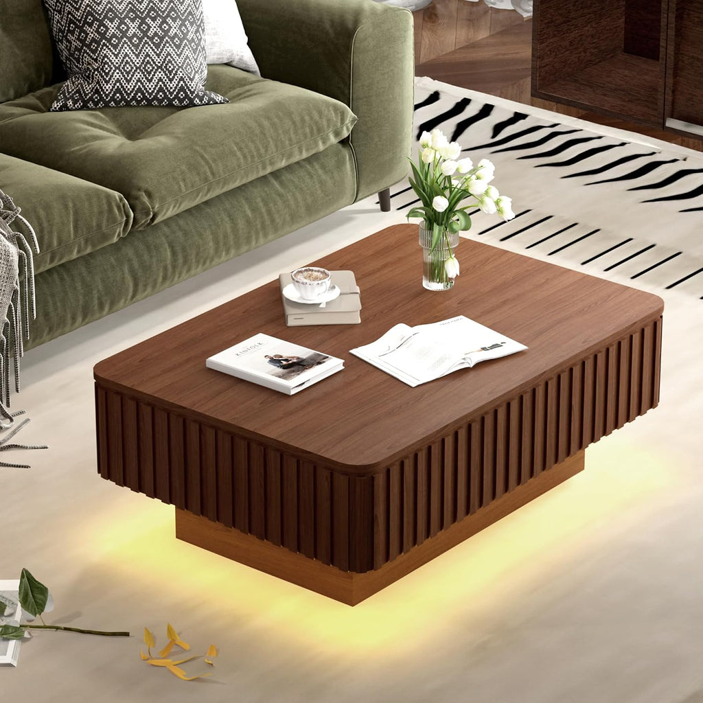 MAGIC UNION 38.6' Fluted Lift Top Coffee Table with Storage, Large Mid Century Modern Coffee Table with LED Lights & Charging Station, Center Table for Living Room, Home Office, Walnut