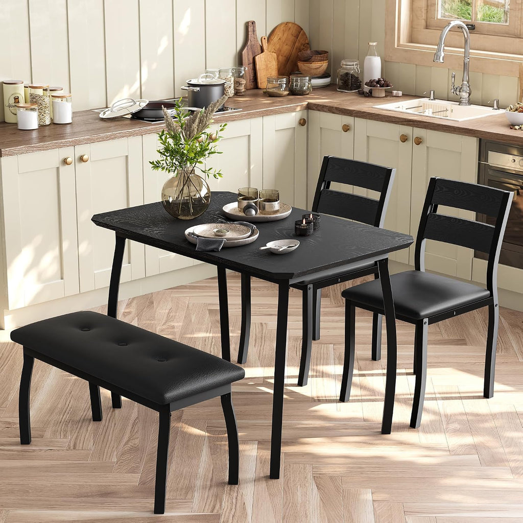 IDEALHOUSE 43'' Dining Table Set for 4, Wooden Kitchen Table with Upholstered Bench & 2 Cushion Chairs, Industrial Dinette Set for Studio, Kitchen, Dining Room, Apartment, Black