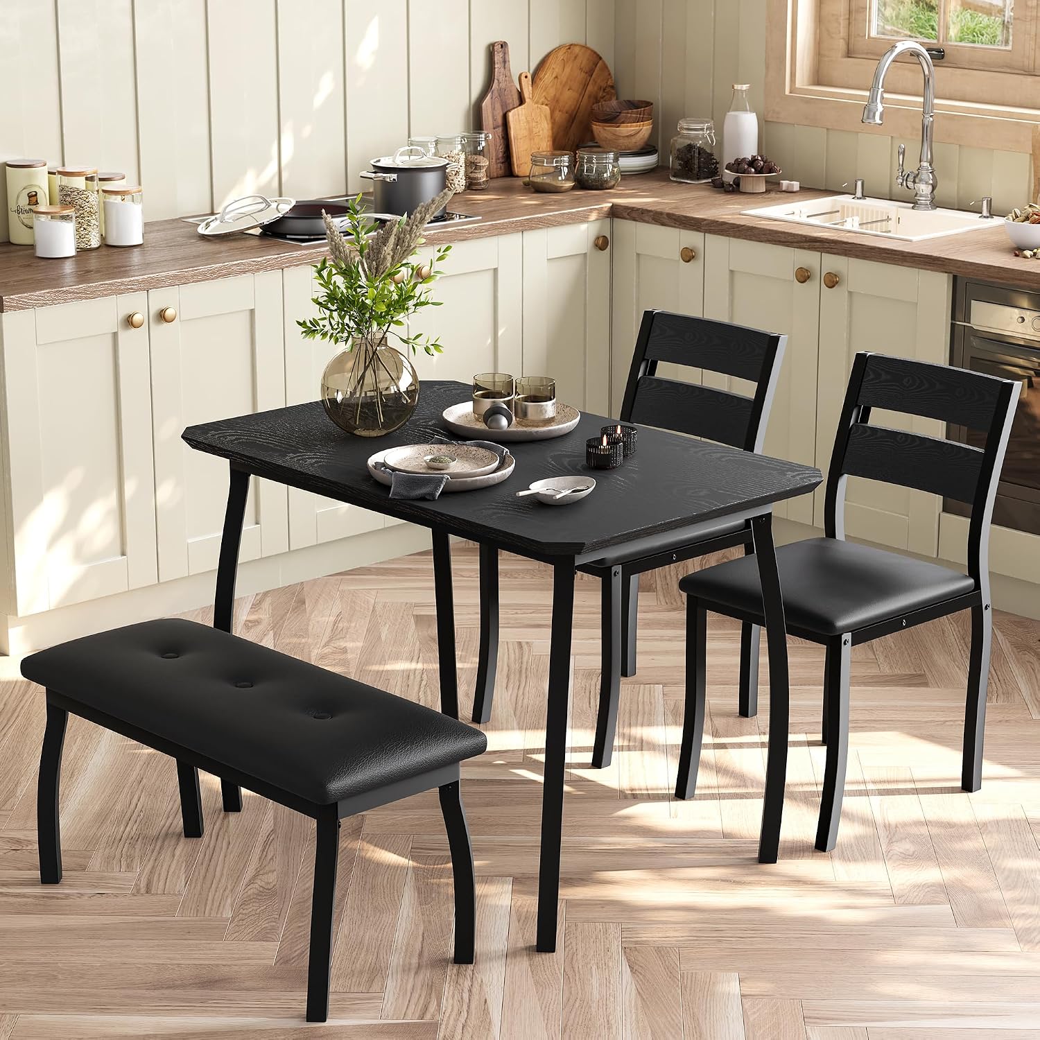 IDEALHOUSE 43'' Dining Table Set for 4, Wooden Kitchen Table with Upholstered Bench & 2 Cushion Chairs, Industrial Dinette Set for Studio, Kitchen, Dining Room, Apartment, Black