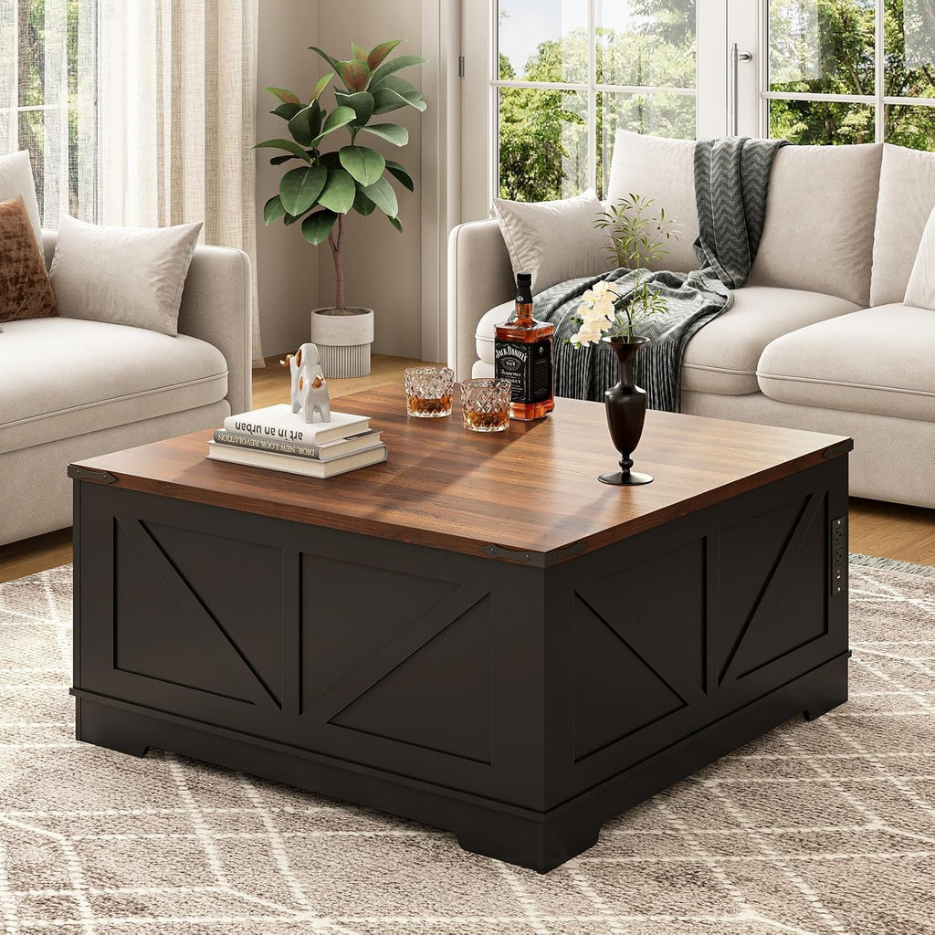 EAG 40' Large Farmhouse Lift Top Coffee Table with Hidden Compartment & Power Outlets, Square Wooden Coffee Table with Multi-Function Flip-Top Ample Storage Center Table for Living Room, Black