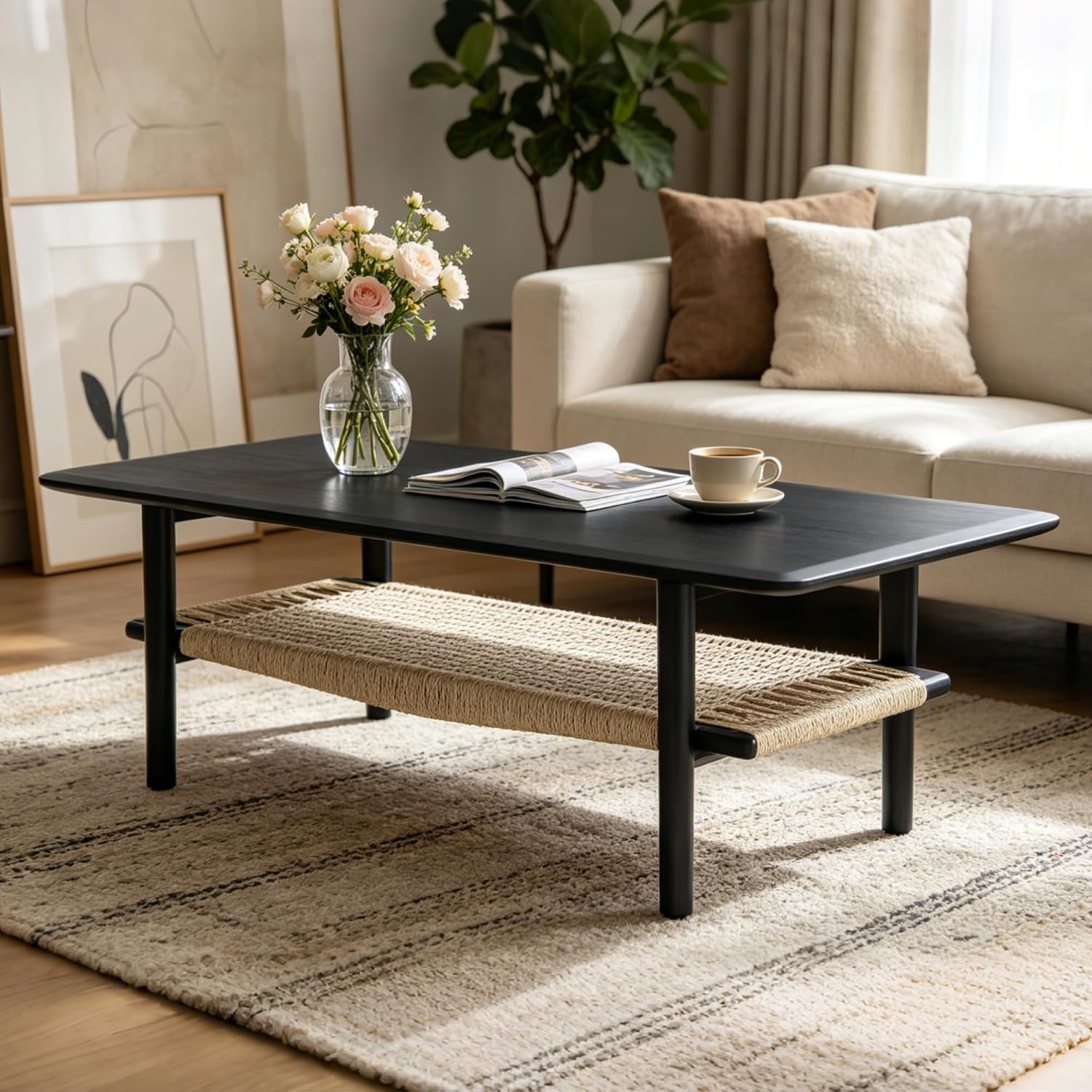Black Coffee Table for Living Room Farmhouse Coffee Table with Natural Rattan Storage Shelf Large 2-Tier Rectangular Center Table for Living Room Reception