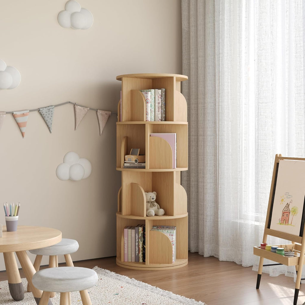 YOWOS Rotating Bookshelf, Small Corner Bookshelf for Small Space, 360 Display Floor Standing Bookcase Storage Rack, Wood Narrow Book Shelf Organizer for Bedroom, Living Room (Wood, 4 Tiers)