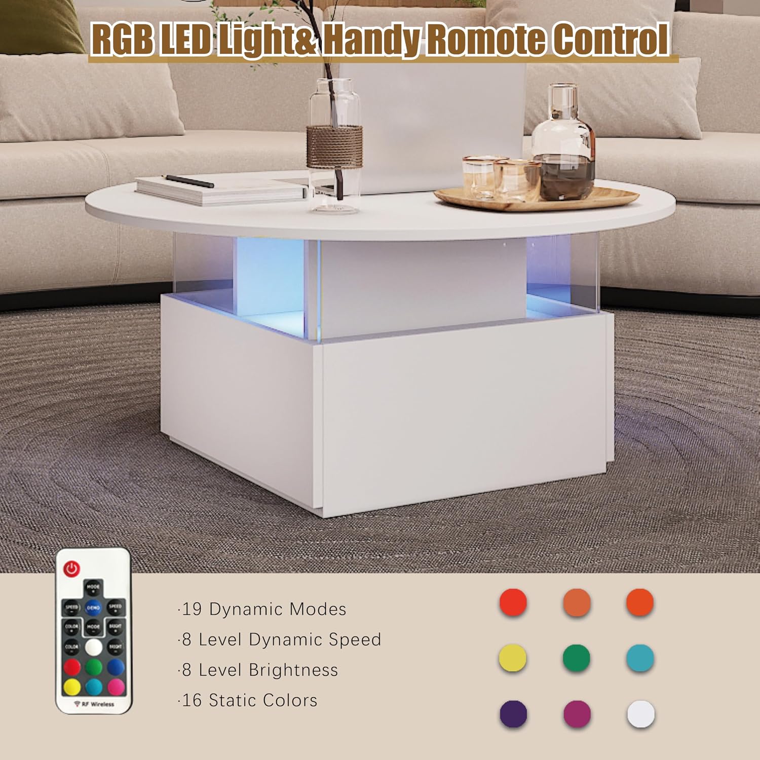 HedoAjim 31.5' Round Coffee Table for Living Room, LED Modern Living Room Table with Storage, Square Acrylic Coffee Tables with 2 Sliding Drawers, Wood Center Table for Reception Dinning Room, White