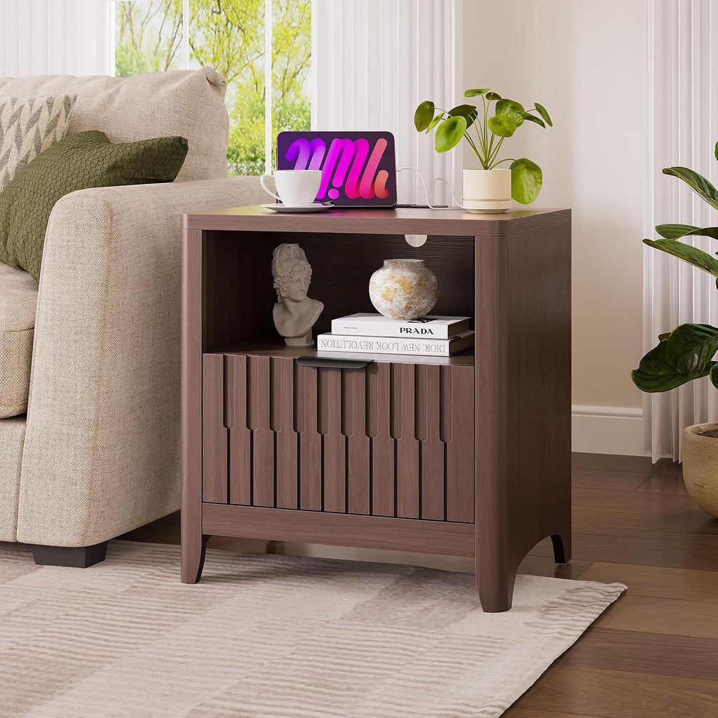 Fluted Nightstand Set of 2 with Charging Station, Modern Bedside Table with Storage Drawer, Open Shelf & Curved Corner, Night Stand End Side Table for Bedroom, Walnut