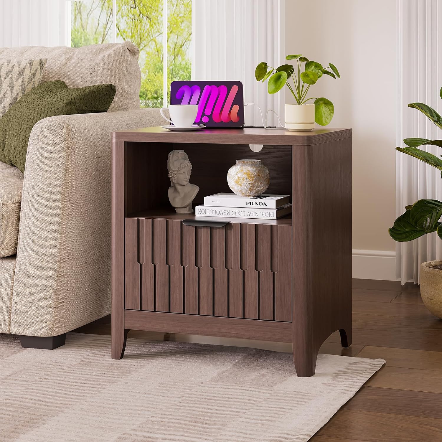 Fluted Nightstand Set of 2 with Charging Station, Modern Bedside Table with Storage Drawer, Open Shelf & Curved Corner, Night Stand End Side Table for Bedroom, Walnut