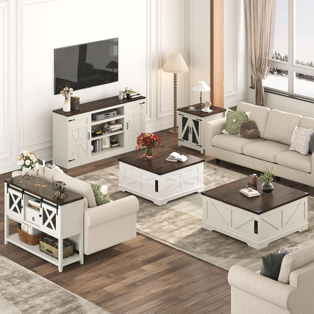 Hlivelood 40' Large Farmhouse Lift Top Coffee Table with Power Outlets and Large Hidden Storage, Square Wood Living Room Tables, Multi-Function Lift Wooden Barn Door Center Table, Rustic White