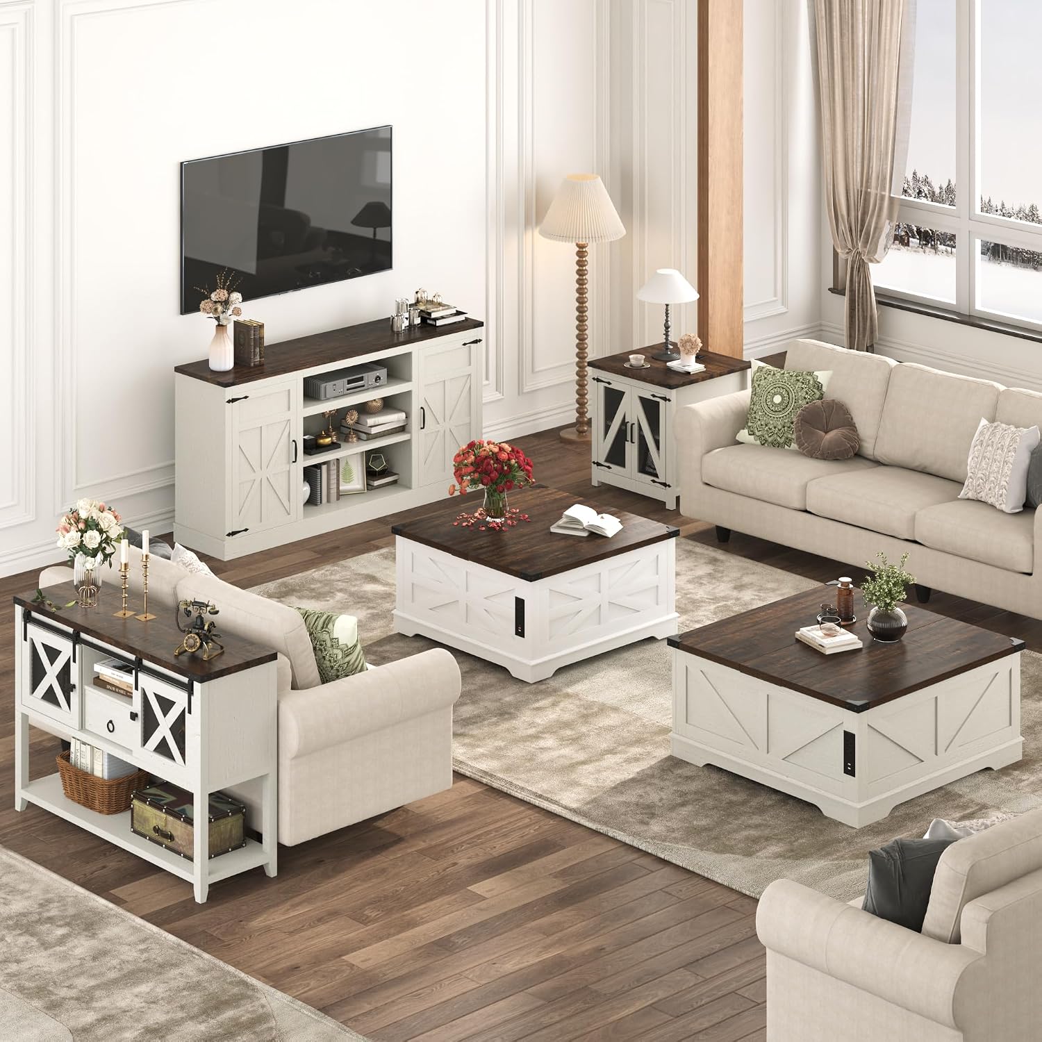 Hlivelood 40' Large Farmhouse Lift Top Coffee Table with Power Outlets and Large Hidden Storage, Square Wood Living Room Tables, Multi-Function Lift Wooden Barn Door Center Table, Rustic White