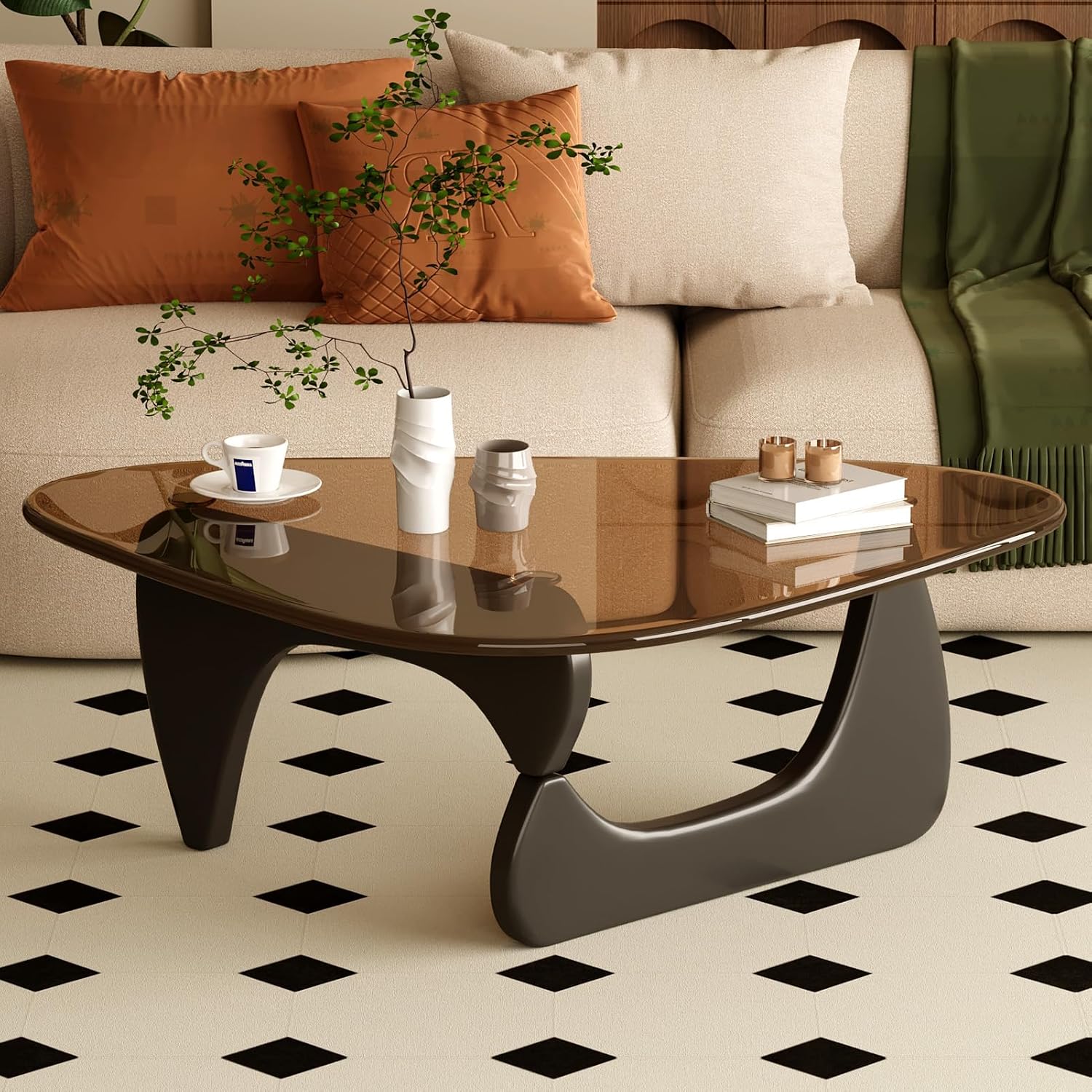 Coffee Table for Living Room Mid Century Modern Center Table with Glass Top and Wood, 36 Inch, Black Brown