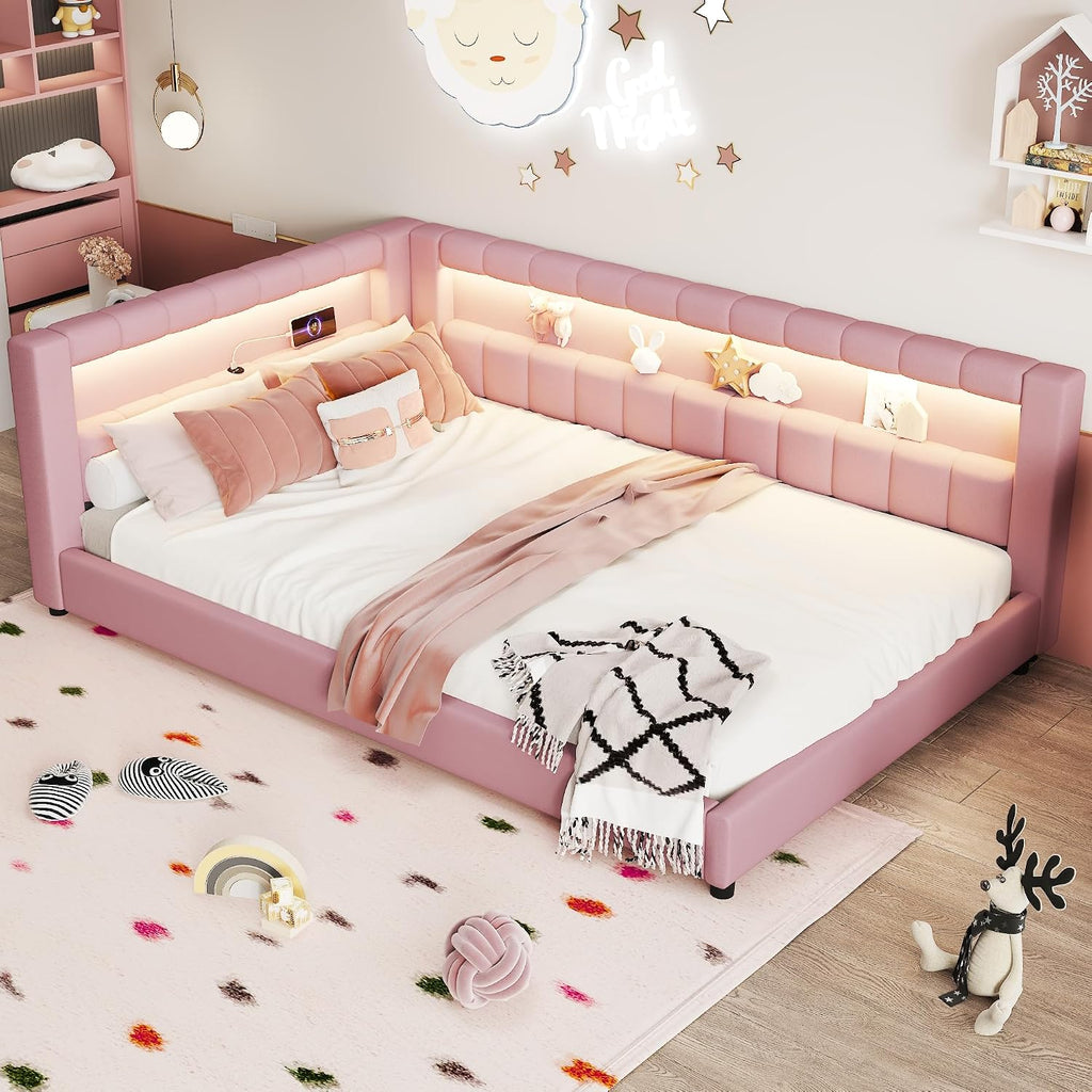 Upholstered Full XL Size Daybed with LED and USB Ports, L-Shaped Corner Day Bed with Storage Shelves Headboard,Space Saving for Girls Adults Kids Boys, Pink