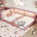 Upholstered Full XL Size Daybed with LED and USB Ports, L-Shaped Corner Day Bed with Storage Shelves Headboard,Space Saving for Girls Adults Kids Boys, Pink