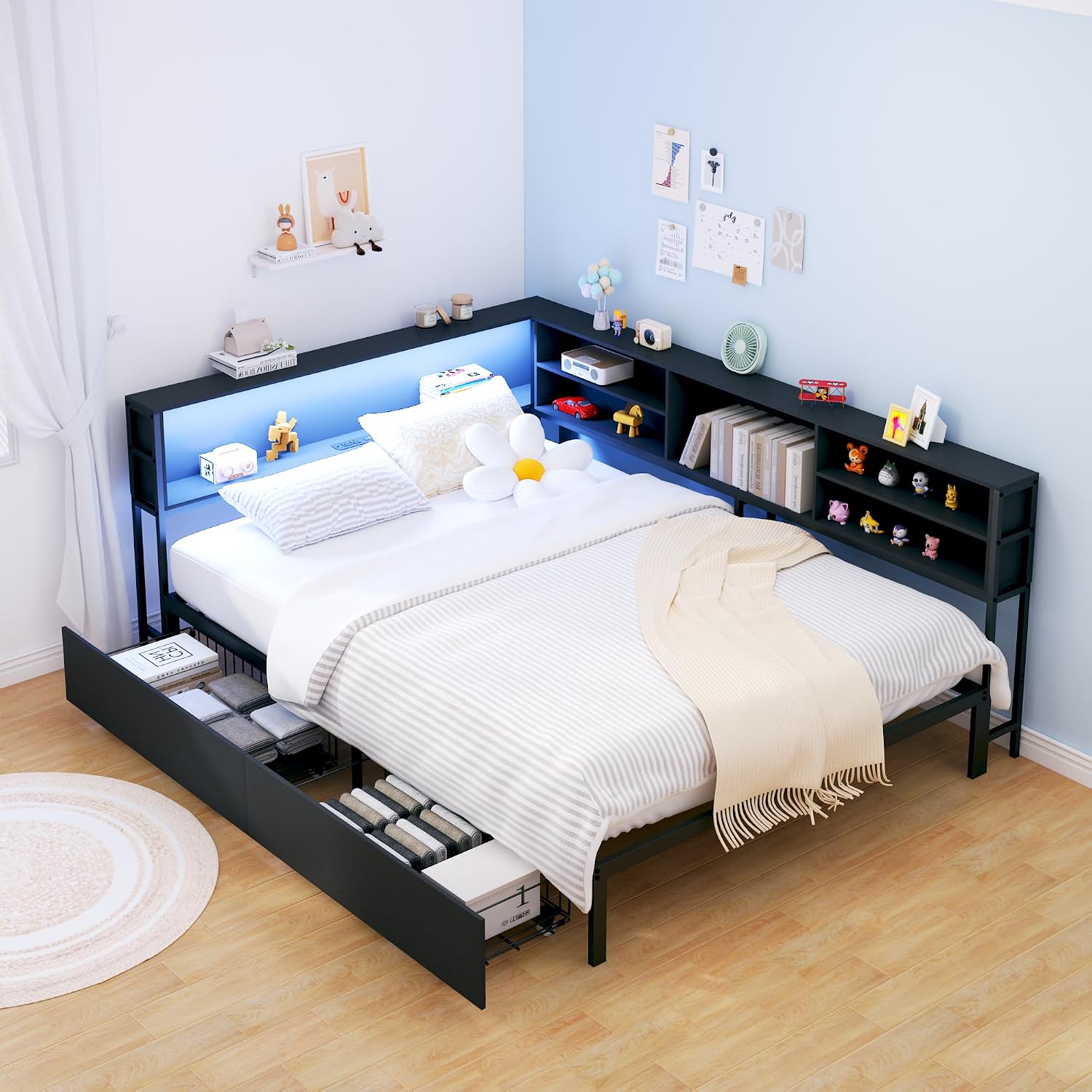 Ball & Cast Full Size Daybed with Bookcase Storage and Charging Station,Corner Bed Frame W/Storage Drawers,Full Metal Daybed W/LED Lights,Bedroom Furniture for Apartment,Guest Room,Living Room,Black
