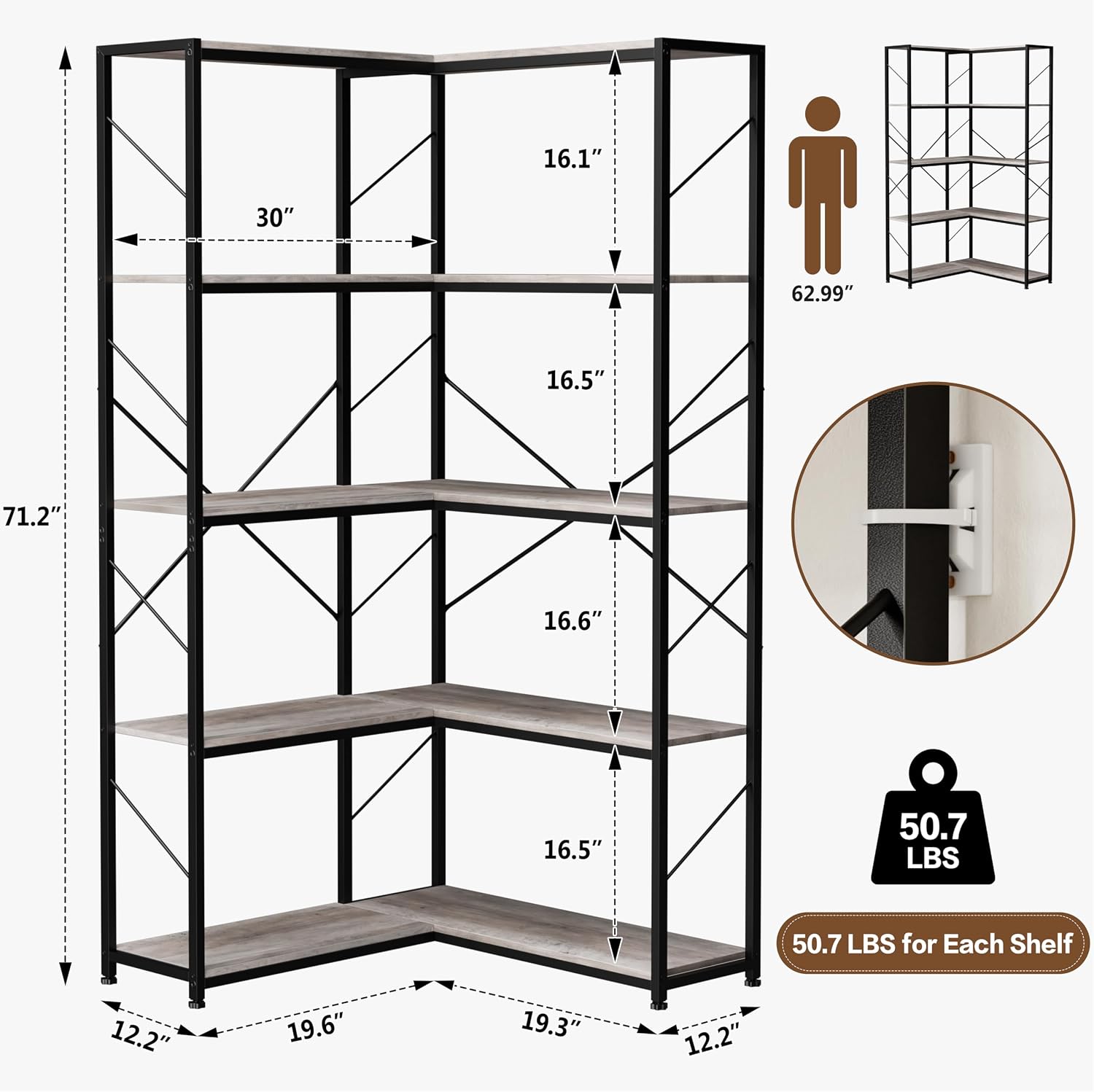 5 Tiers Corner Bookshelf, L-Shaped Bookcase Storage Organizer, Display Shelf Free Standing Book Shelf for Home Office, Living Room, Kitchen, Bedroom, Grey