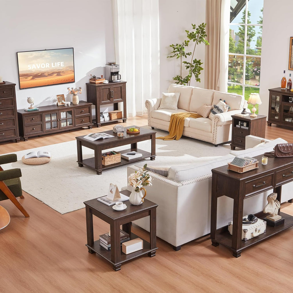 SAVOR LIFE Farmhouse Coffee Table Set of 3,Rustic Wooden Living Room Table Set,Large Coffee/End Side Tables with Open Shelf for Living Room,Walnut
