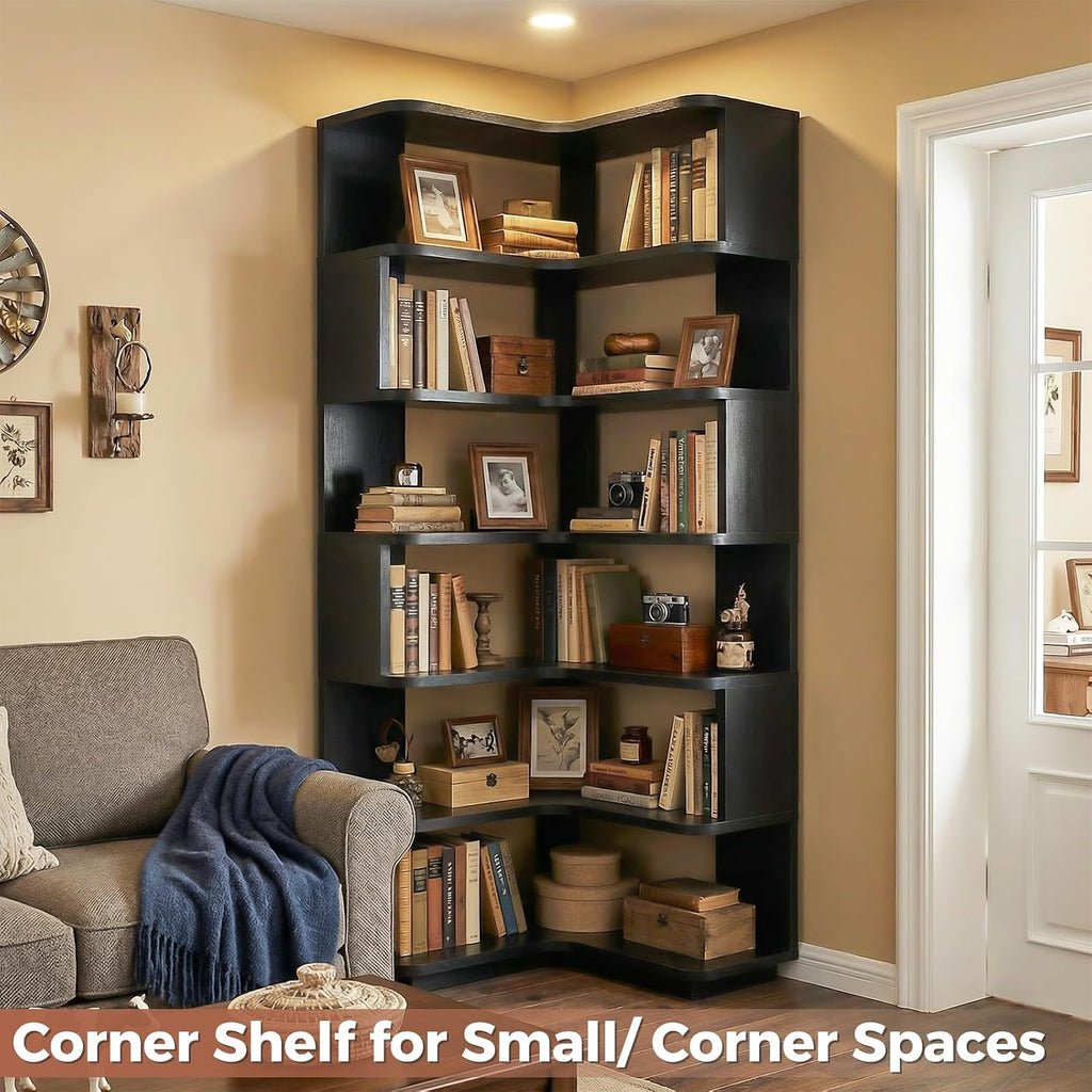Besiost Corner Book Shelf, 7-Shelf Corner Bookshelf for Small Corner Spaces, L-Shape Bookcase Corner Display Shelf for Home Office, Living Room, Bedroom, Kitchen Pantry, Black
