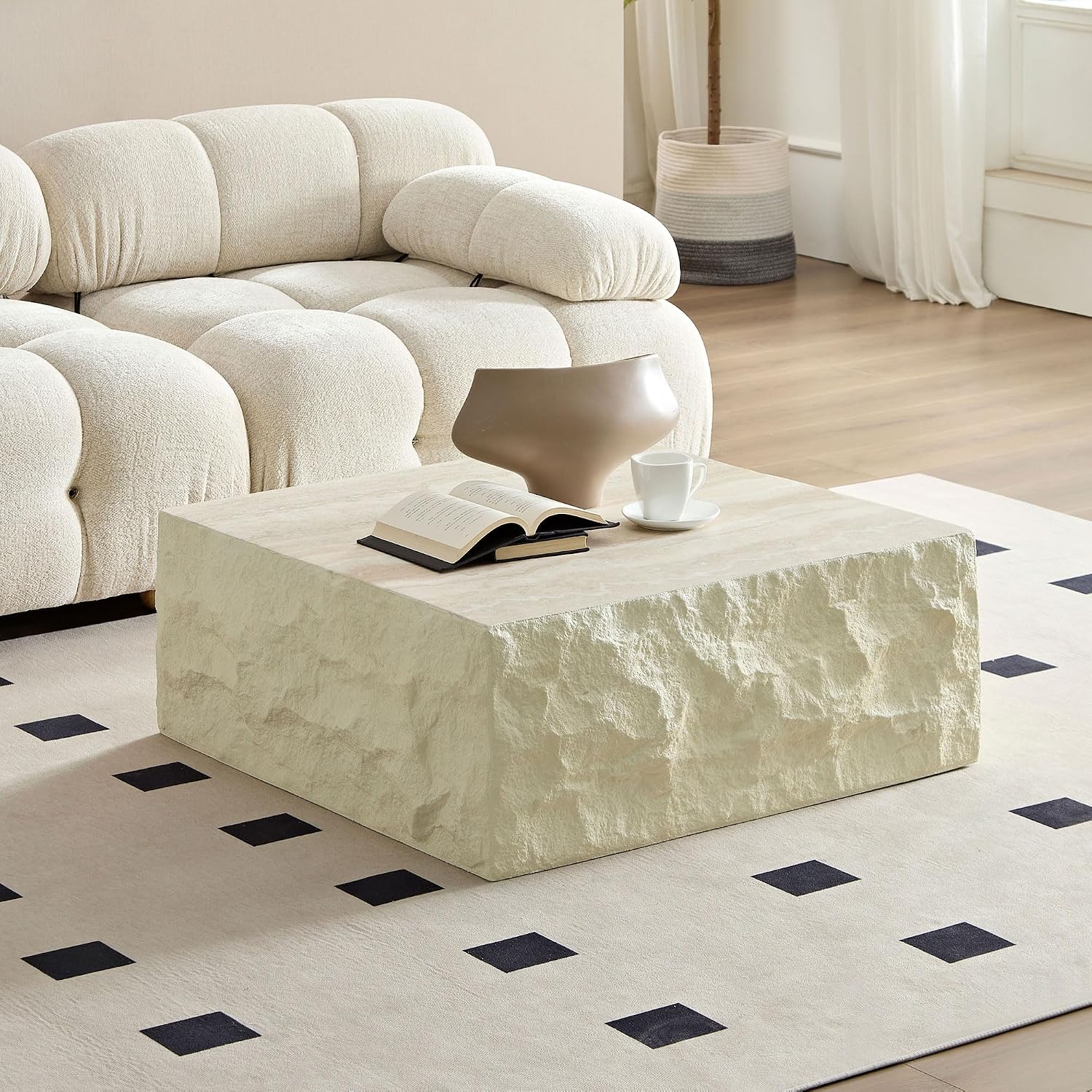 35.43' Marble Travertine Pattern Square Coffee Table for Living Room, Modern Minimalist Center Side End Table for Living Room, Apartment, Office, Marble Stone Shape, No Need Assembly