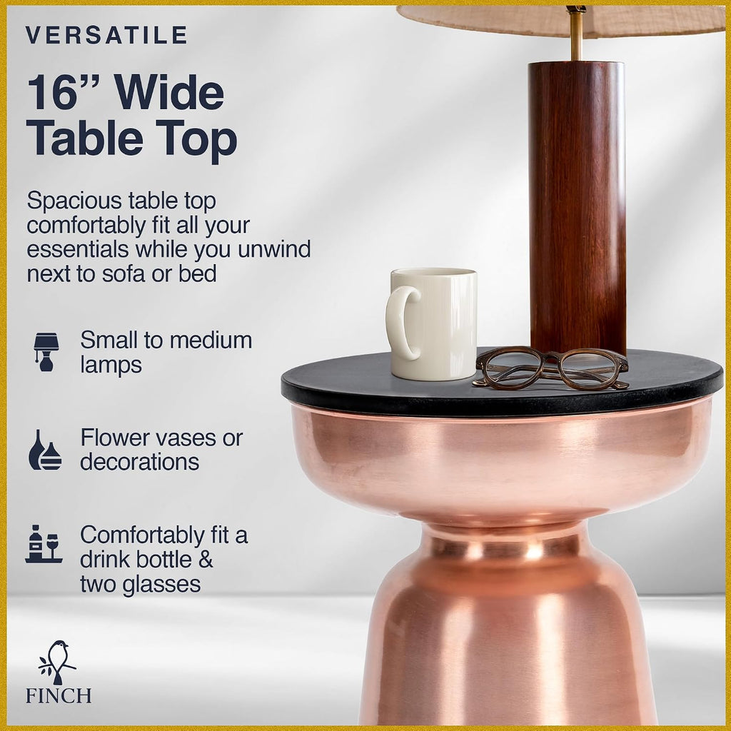 Click365 Adler Granite Accent Side Table, 16 Inch Round End Table with Hourglass Rose Gold Metal Base, Modern Nightstand or Bedside Table for Living Room or Bedroom, Polished Black & Rose Gold