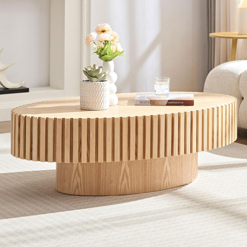 Oak Oval Modern Coffee Table for Living Room, Contemporary Circle Fluted Drum, Easy Assembly, Wood (43.7'' x 24.8'' x 13.38'')
