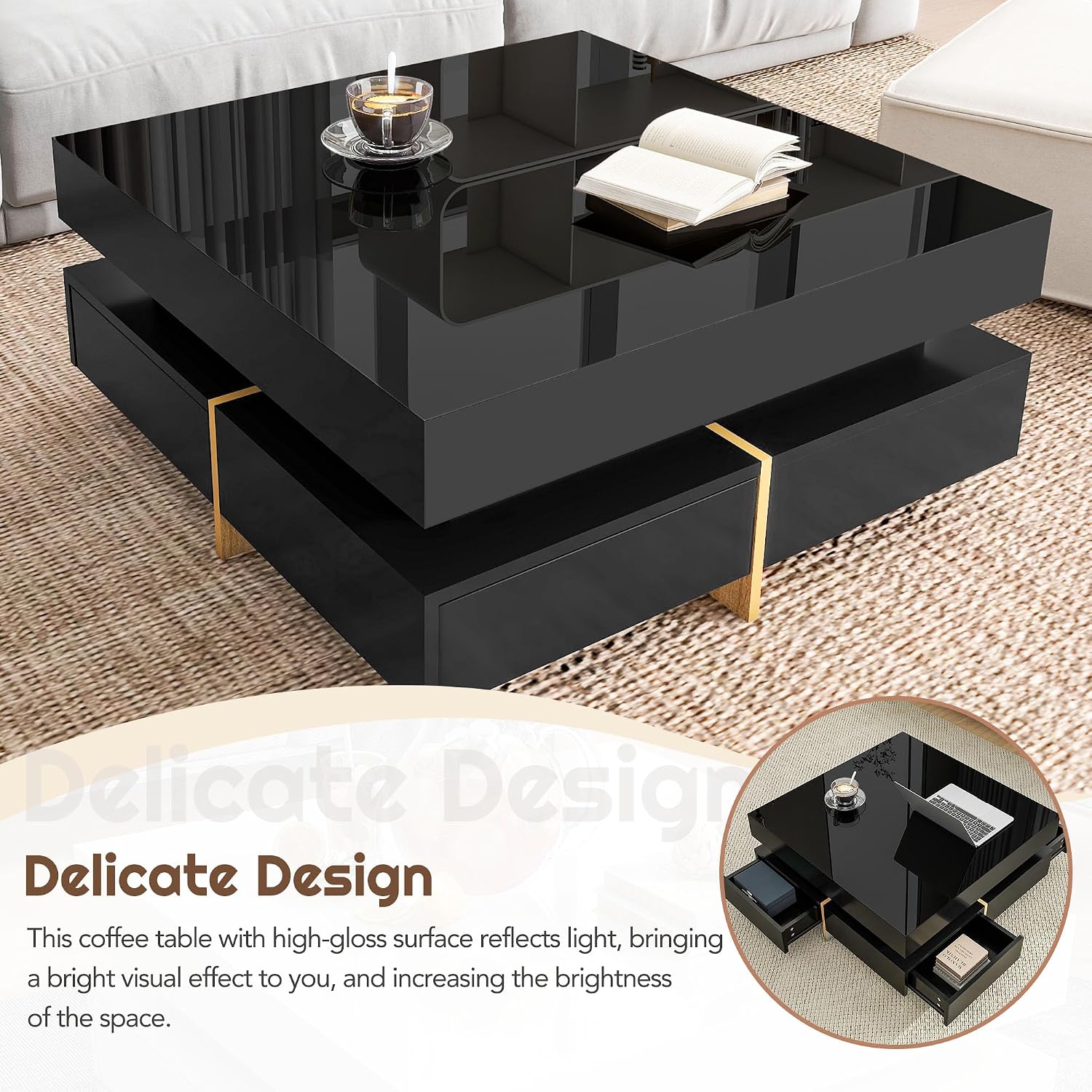 Modern Coffee Table with Storage, Contemporary Square Coffee Table with Drawers, High Gloss Modern Center Table for Living Room, Reception Room, Office, Black, 31' D X 31' W X 11' H