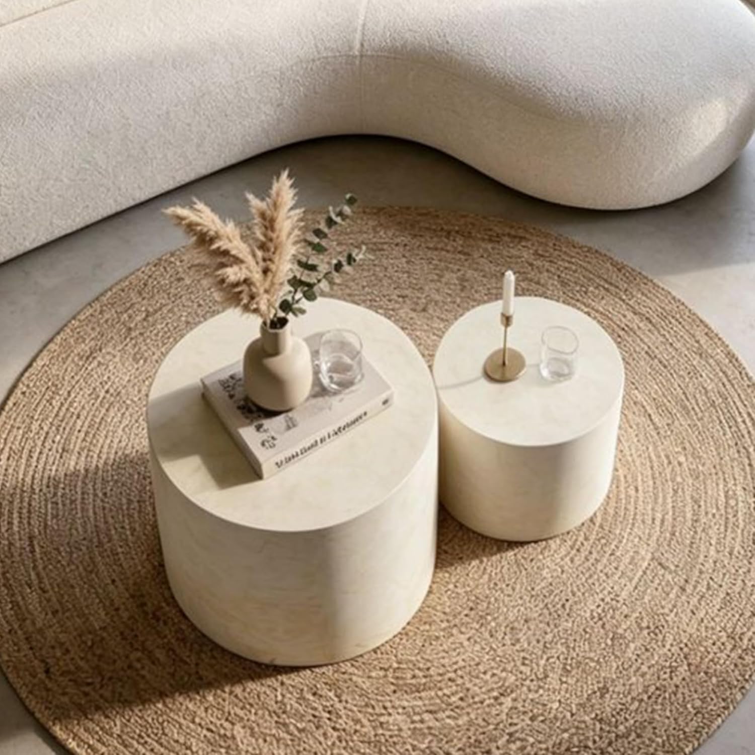 Nesting Coffee Table Set of 2, Modern Round Wooden Coffee Tables, Accent End Side Table for Small Space Living Room,Beige