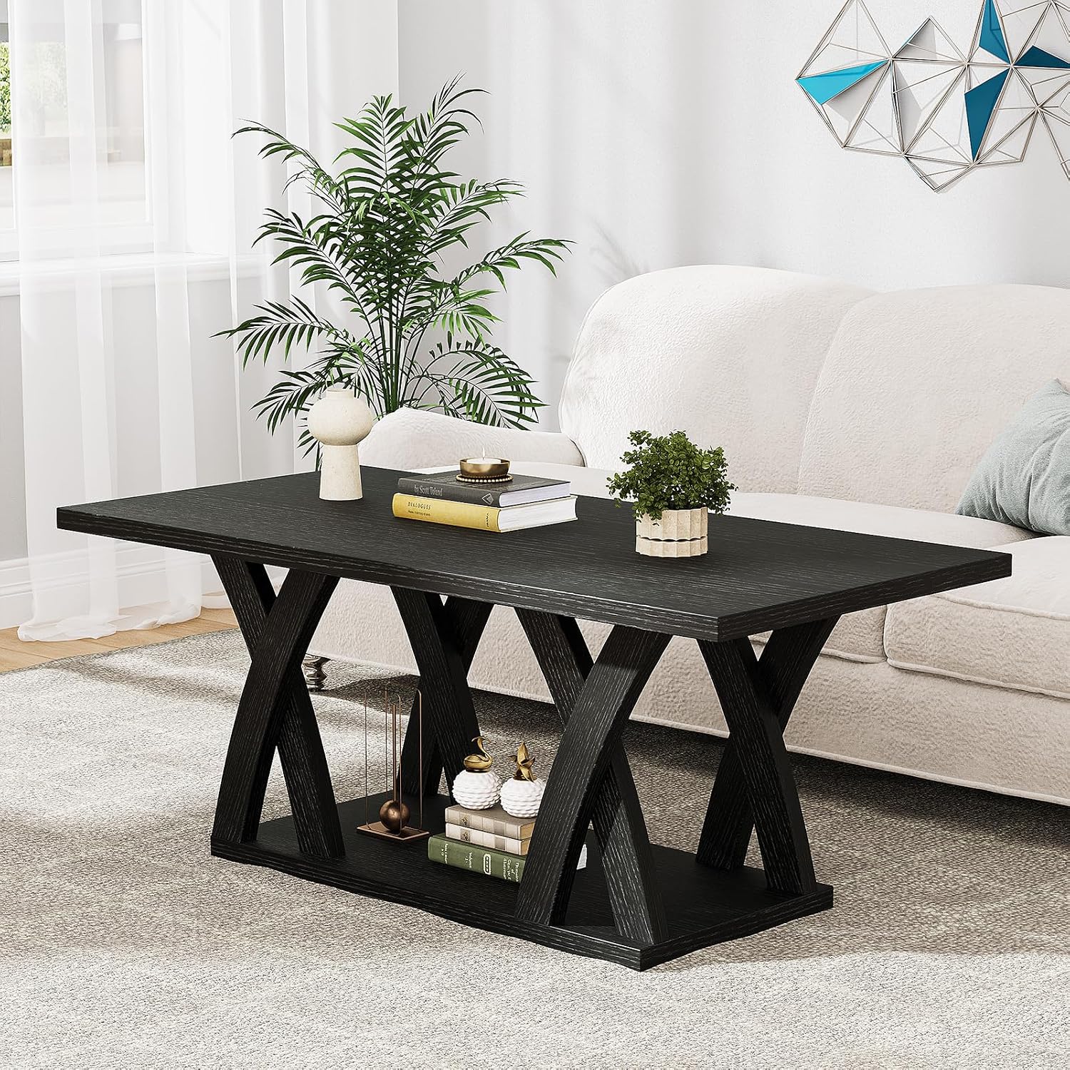 47' Farmhouse Coffee Tables for Living Room Rustic Stands with Storage Shelf Black Coffee Tables for Living Room Farmhouse Center Stands with Shelf Wood Rectangle Center Table