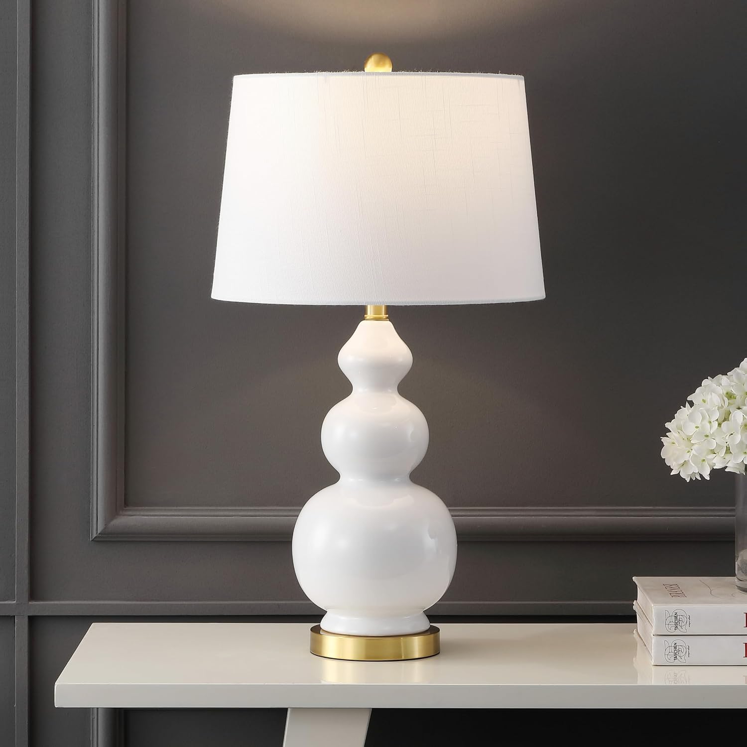 JONATHAN Y 27.5' White/Brass Gold Modern Ceramic Gourd Table Lamp for Living Room, Large Bedside Nightstand Lamp for Bedroom, White Linen Drum Shade, LED Bulb Included (JYL4023D)