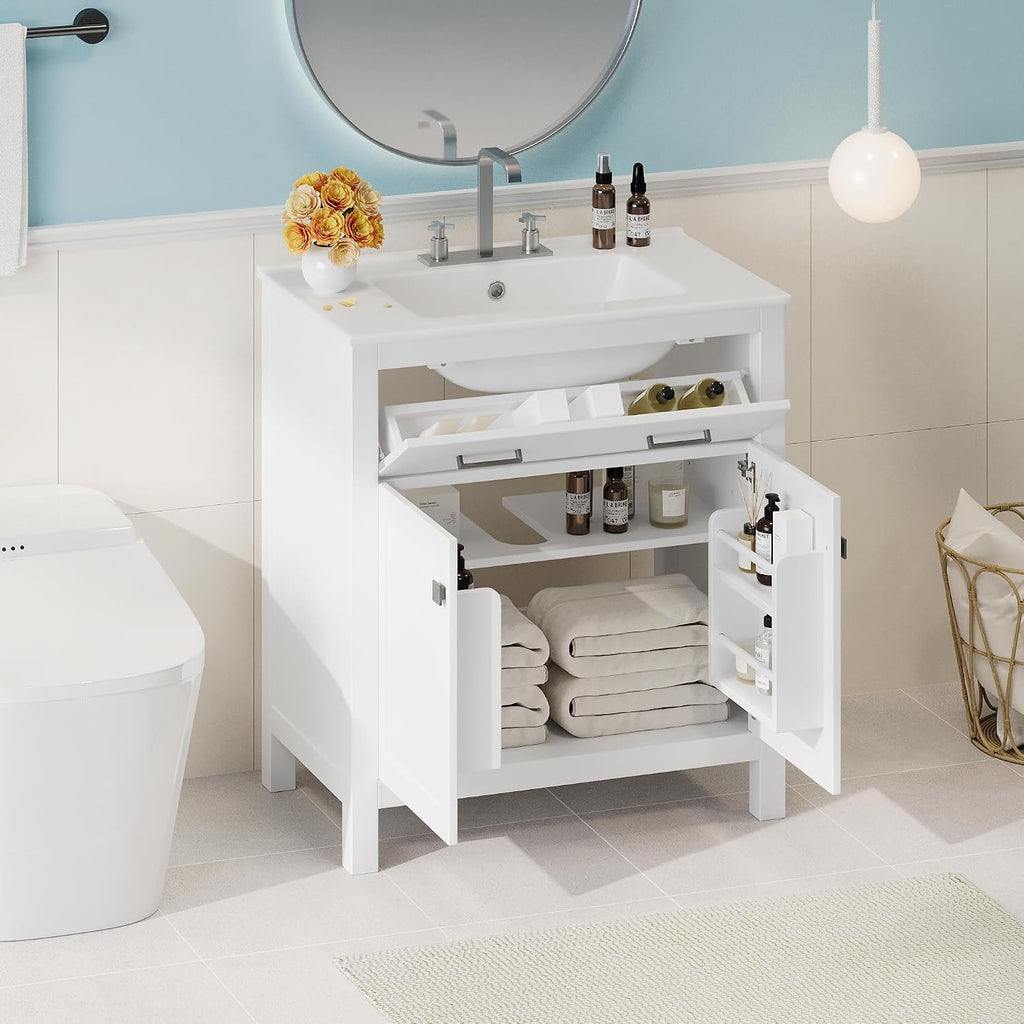 Merax 30' Modern Single Bathroom Vanity Set with Ceramic Sink, Freestanding Wood Frame Bathroom Storage Cabinet with a Flip-Out Drawer & 2 Doors & a Shelf, White