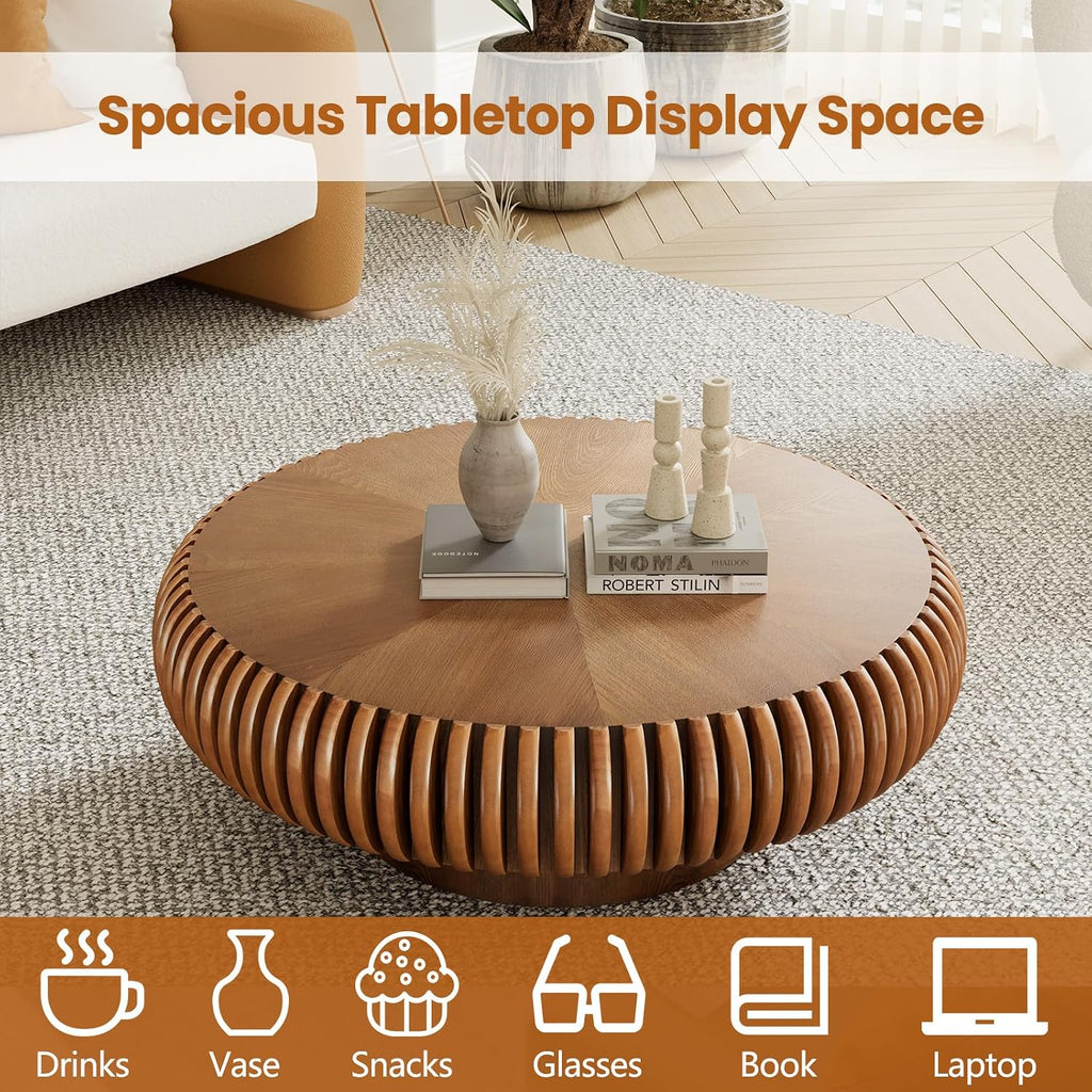 Round Drum Coffee Table with Sturdy Pedestal, Modern Wooden Fluted Coffee Table, Circle Center Table Accent Tea Table for Living Room Apartment Office Reception Room (Brown D31.5)