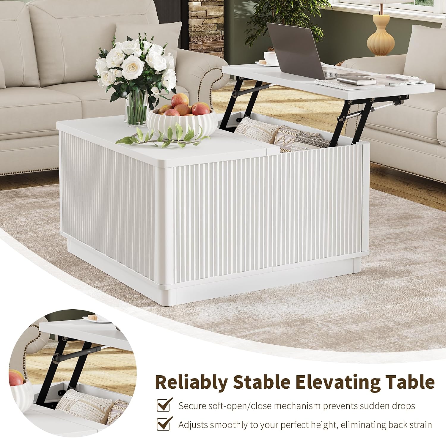 Modern Lift Top Coffee Table with Storage, Square Coffee Tables with LED Lighting and Power Outlet, Wooden Square Center Table for Living Room, Home Office, White