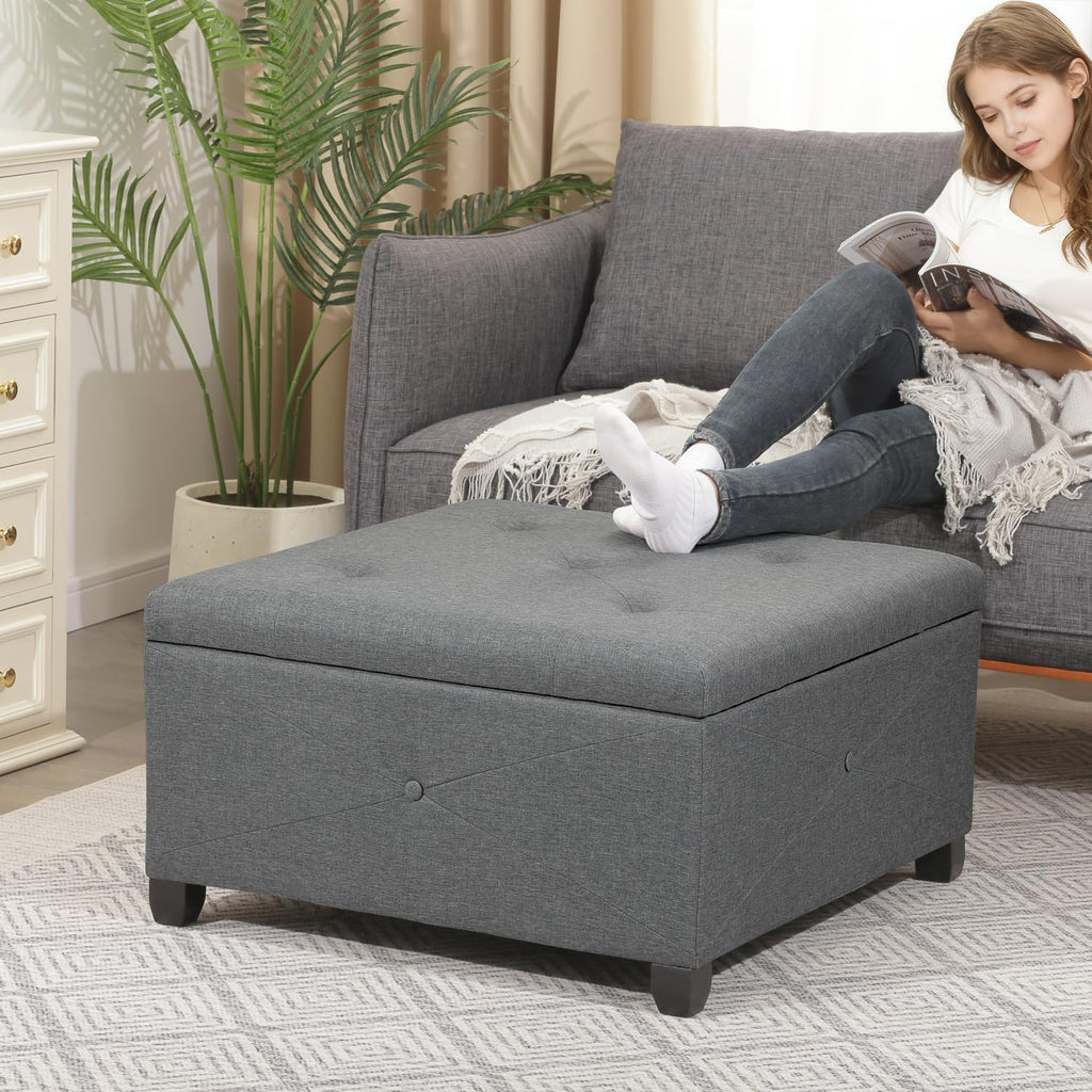 Homebeez 28.5' Tufted Storage Ottoman Bench | Multi-Panel Reinforced Fabric with Safety Pressure Hinges | for Living Room, Bedroom, Entryway | Foot Rest, Linen Ottoman, Cement Grey