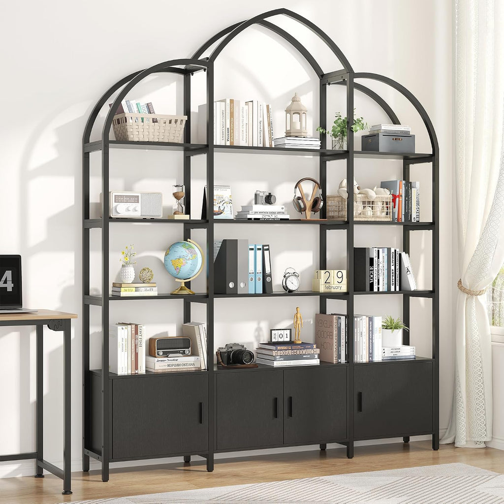85.8' Tall Arched Bookshelf with Door, 5-Tier Etagere Bookcase with Storage Cabinet Shelf, Triple Wide Industrial Bookshelf, Free Standing Display Shelf for Living Room Home Office, Black