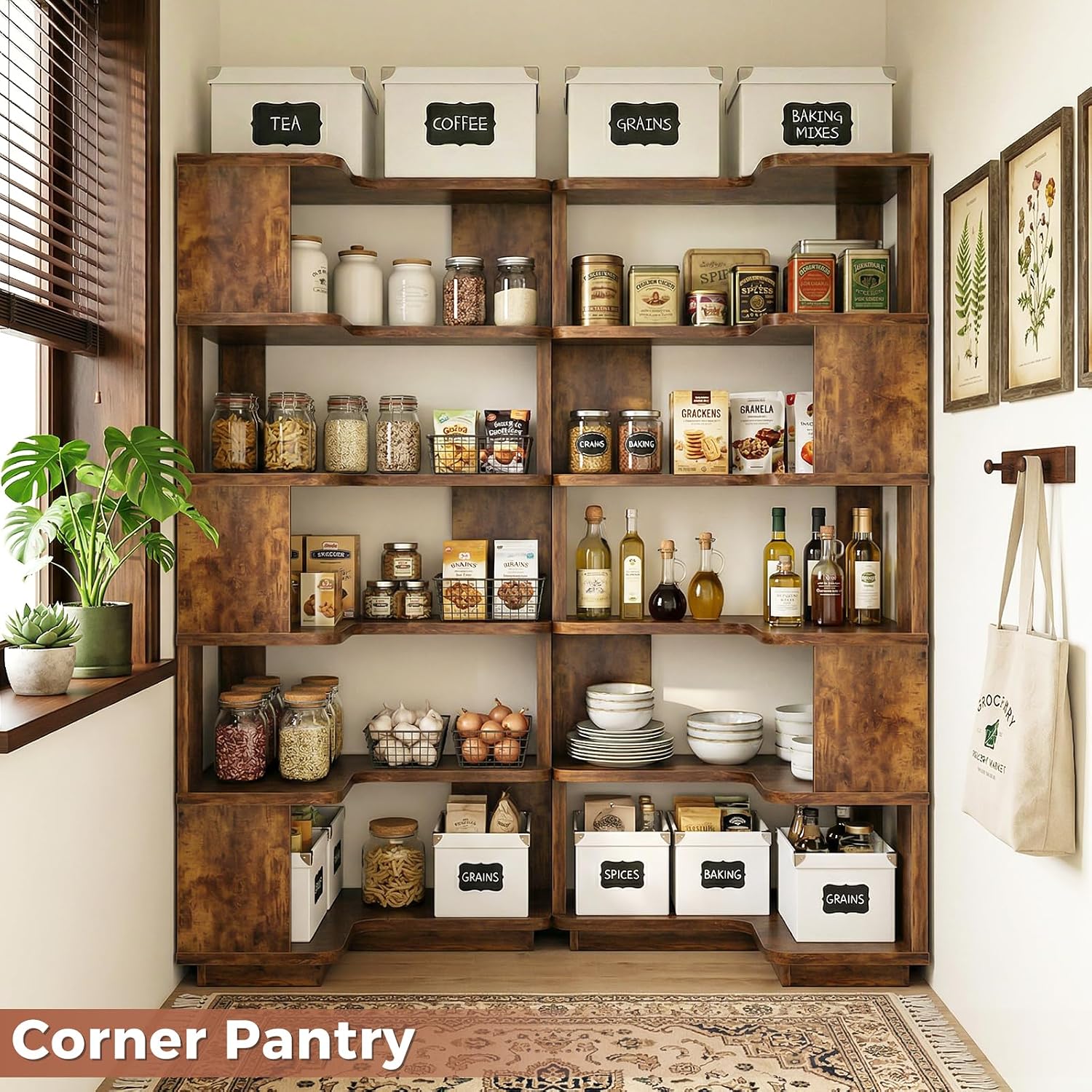Besiost Corner Book Shelf, 6-Shelf Corner Bookshelf for Small Corner Spaces, L-Shape Bookcase Corner Display Shelf for Home Office, Living Room, Bedroom, Kitchen Pantry, Rustic Brown