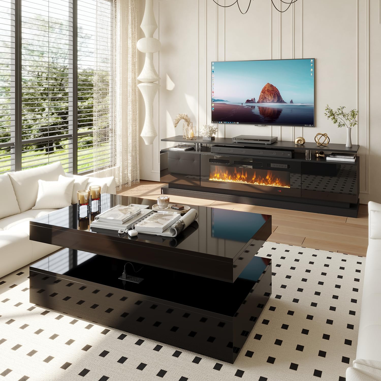 Modern Table Set Includes 70' Fireplace TV Stand & 47' Coffee Table with Charging Station and USB Ports, for Living Room, Black