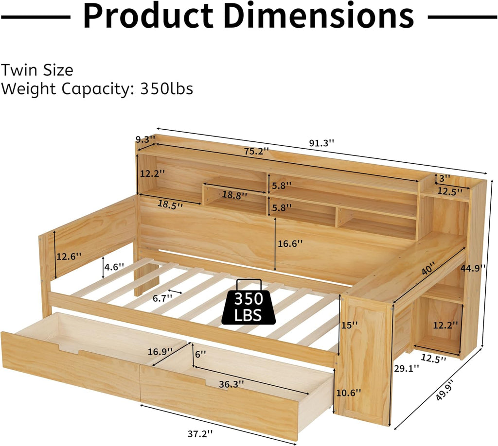 LUMISOL Twin Size Daybed with Storage Shelves & Drawers, Wooden Day Bed with Built-in Desk, Space Saving Corner Bed Frame for Living Room, Guest Room, No Box Spring Needed, Natural