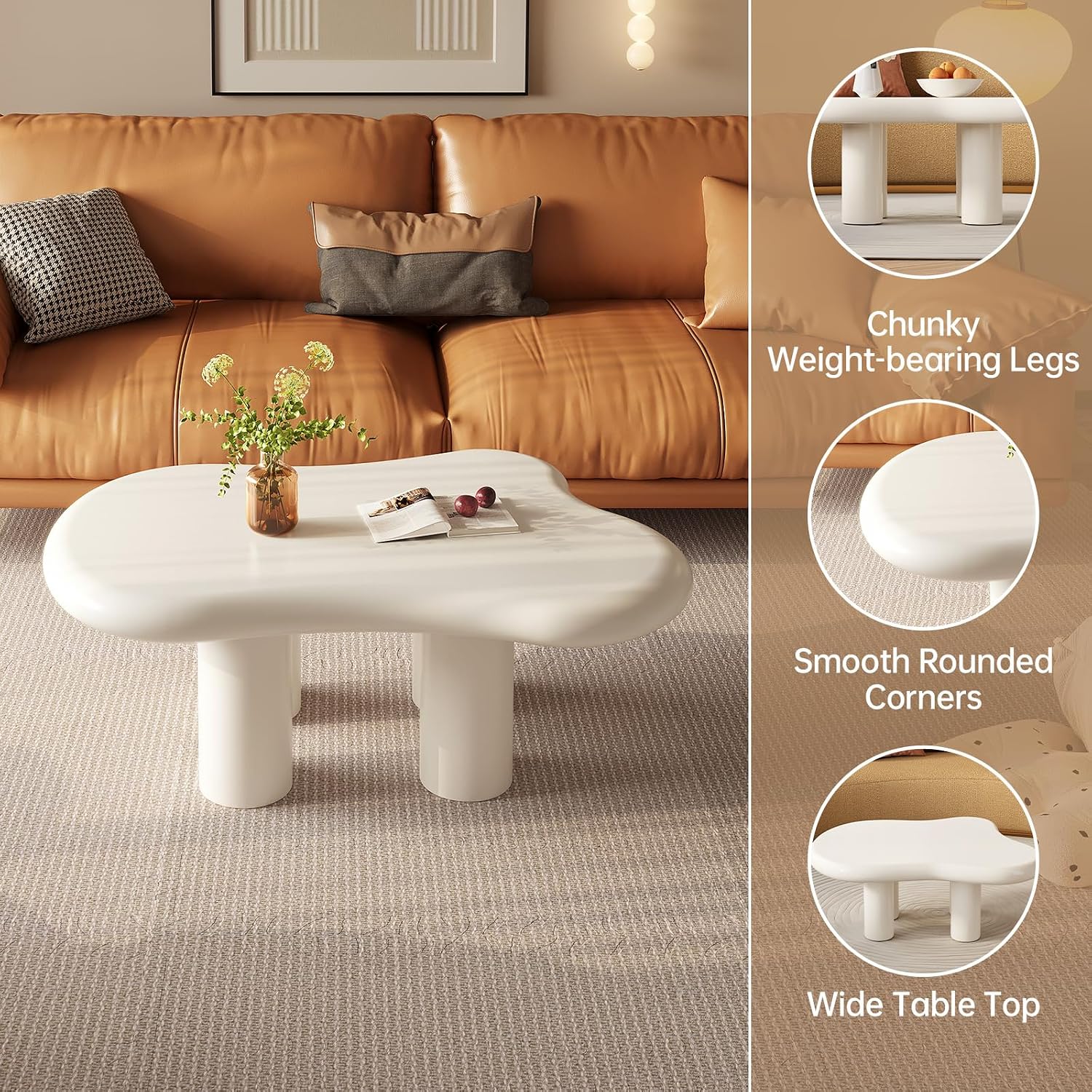 Guyii Cloud-Shaped Coffee Table, Modern Sofa Table with 4 Legs, Cream White Center Table, Small Irregular Tea Table for Living Room, Easy Assembly (White)