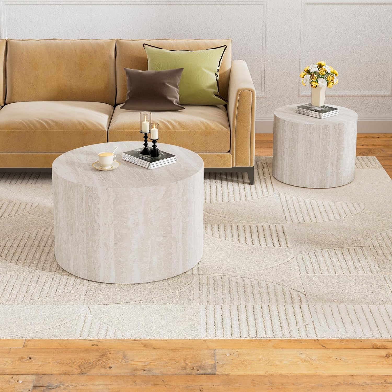 Round Nesting Coffee Table Set of 2, Travertine Coffee Table Circle Drum Side Table Small End Table Minimalist Center Tables for Living Room Office, No Assembly (Travertine)