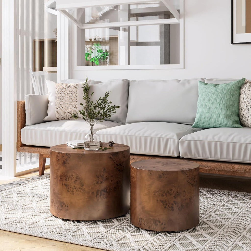 WILLIAMSPACE 18.9' Round Nesting Coffee Table Set of 2, Modern Wooden Coffee Tables Small Circle Center Table for Living Room, Accent End Table Set, No Assembling (Brown Burl)