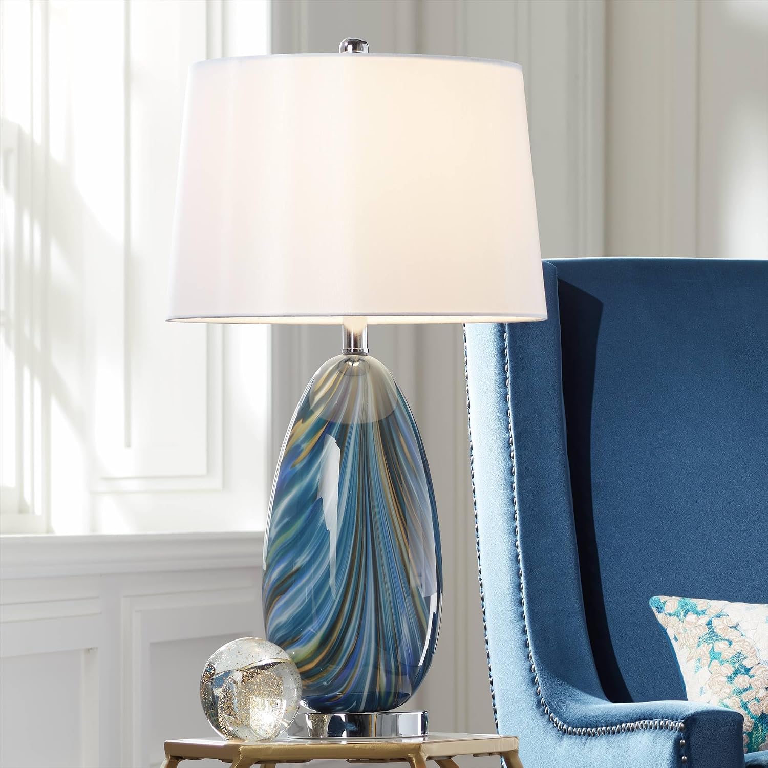 Possini Euro Design Pablo Modern Table Lamp 27' Tall Swirling Multi Color Blue Hand Blown Art Glass Metal White Tapered Drum Shade Decor for Living Room Bedroom House Bedside Home (Color May Vary)