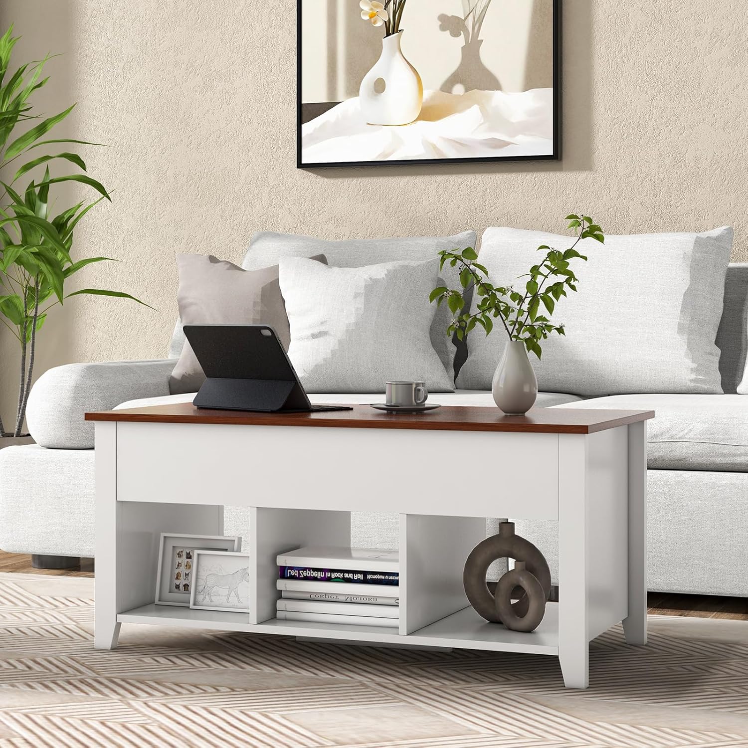 Tangkula Wood Lift Top Coffee Table, Modern Tea Storage with Hidden Compartment and Open Storage Shelf for Living Room Office Reception Room, Lift Center Table (White)