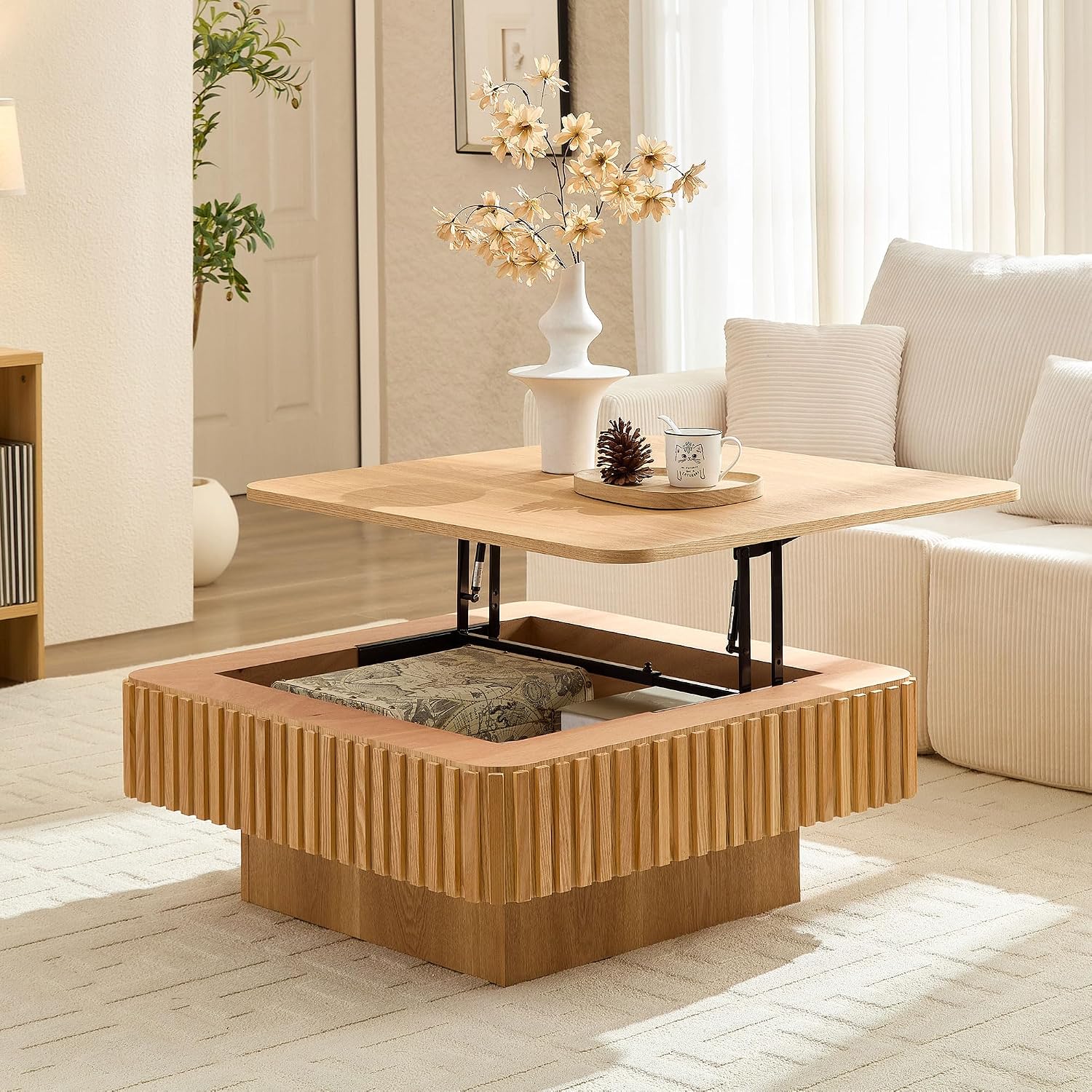 Lift Top Coffee Table Modern Handcraft Drum Coffee Table Table with Hidden Storage Space, Square Center Table for Living Room Apartment, Oak