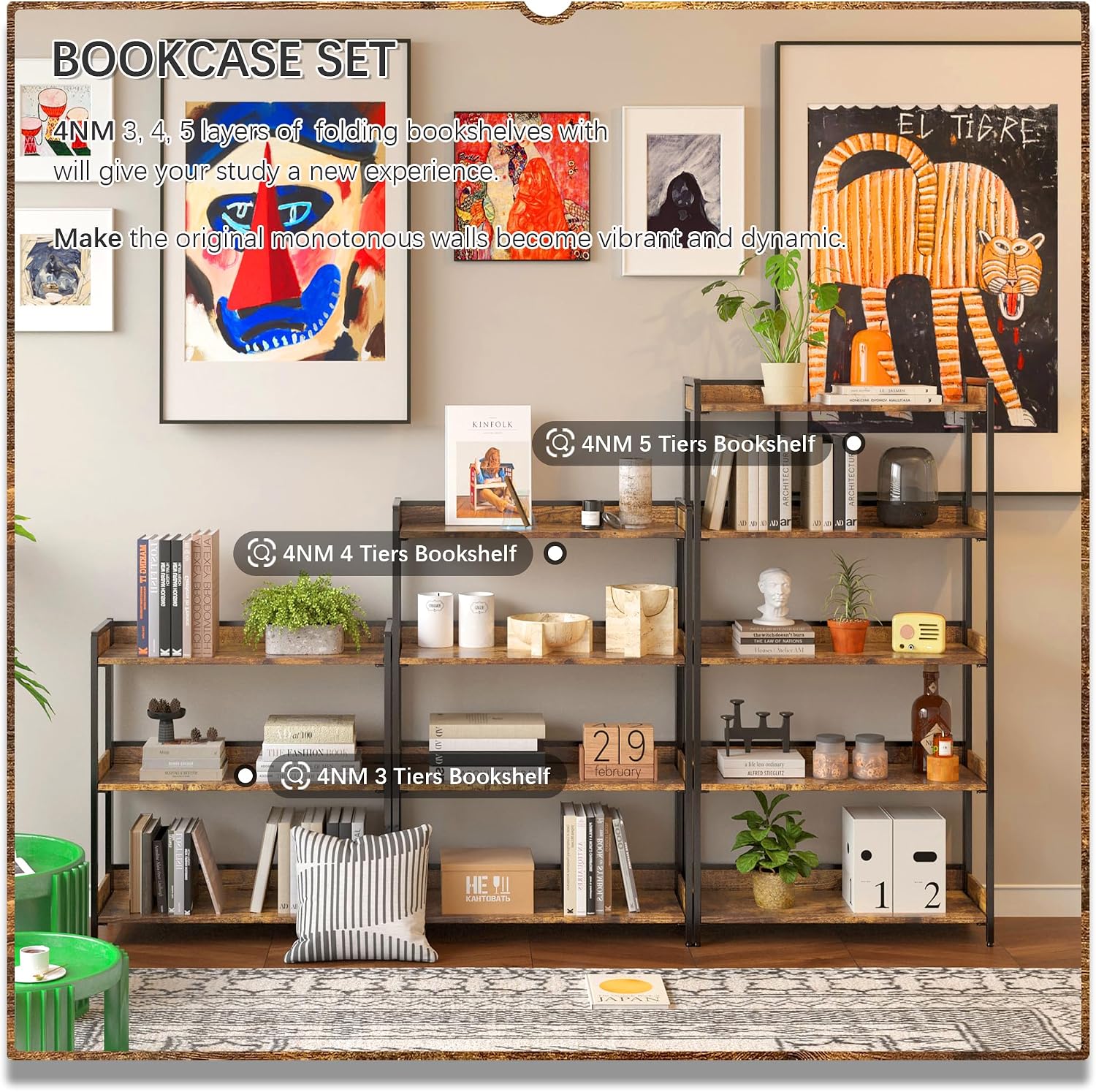 4NM Extra Wdie No Assembly Folding Bookshelf, 64.3' H x 30.9' W, 5 Tier Collapsible Book Shelf Bookcase Foldable Shelves for Bedroom Living Room Home Office - Rustic Brown & Black