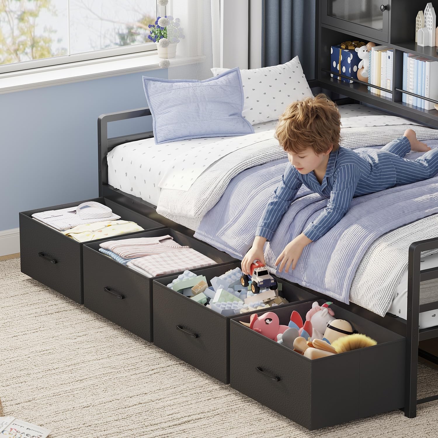 BTHFST Twin Daybed with 4 Storage Drawers & 3-Tier Bookshelf, Day Bed with RGB Lights & Charging Station, LED Corner Bed Frame with Storage Headboard for Bedroom, Living Room, Guest Room, Grey