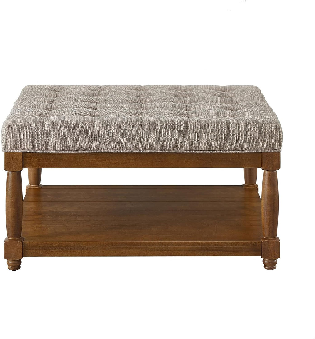 GDFStudio Large Square Upholstered Tufted Linen Ottoman Coffee Table with Solid Wood Frame and Open Storage Shelf, Nailhead Trim Accent Footrest for Living Room, Linen