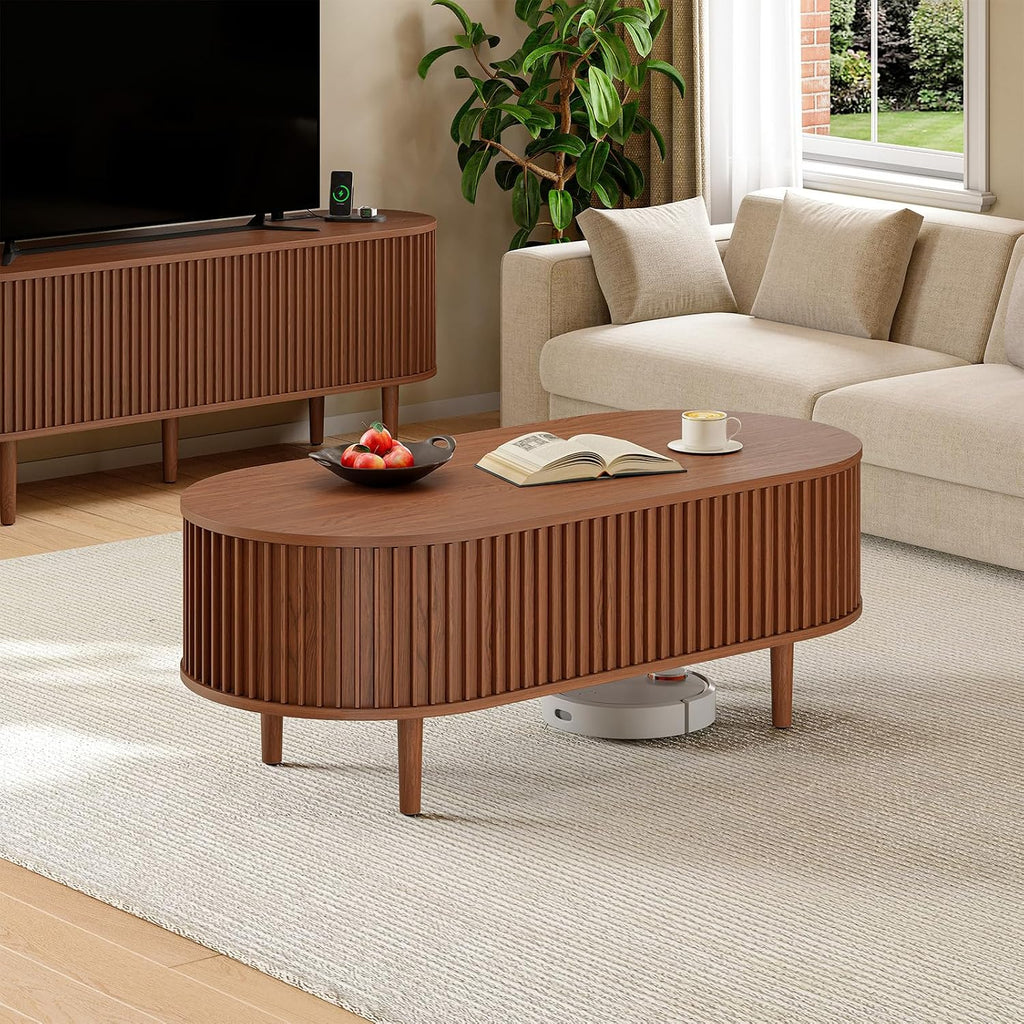 ONBRILL Fluted Oval Coffee Table, 43' Mid Century Modern Coffee Table with Storage, Wood Living Room Tables with Sliding Door, Center Tables for Living Room Apartment Small Space Walnut
