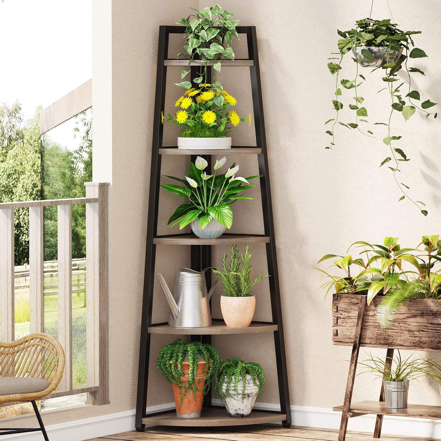Tribesigns 70 inch Tall Corner Shelf, 5 Tier Industrial Corner Bookshelf Bookcase Industrial Corner Ladder Shelf Plant Stand for Living Room, Kitchen, Home Office (Grey)
