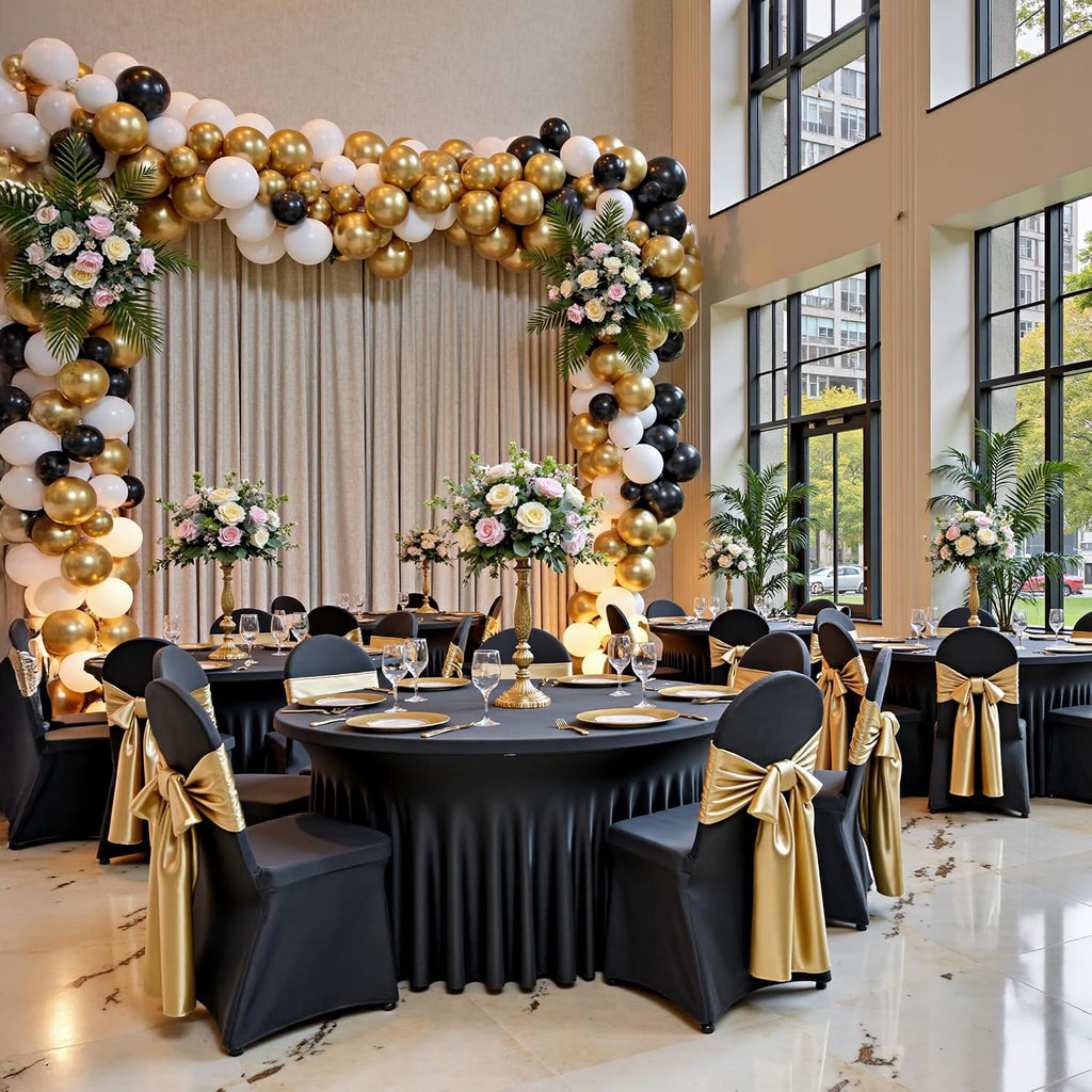 8 pk Black Spandex Round Tablecloths 60 inch with Ruffled Skirt, Wrinkle Free High-Stretch 120 inch Table Cloth Fitted 5ft Round Elastic Spandex Table Covers for Party Graduation Banquet Dinning