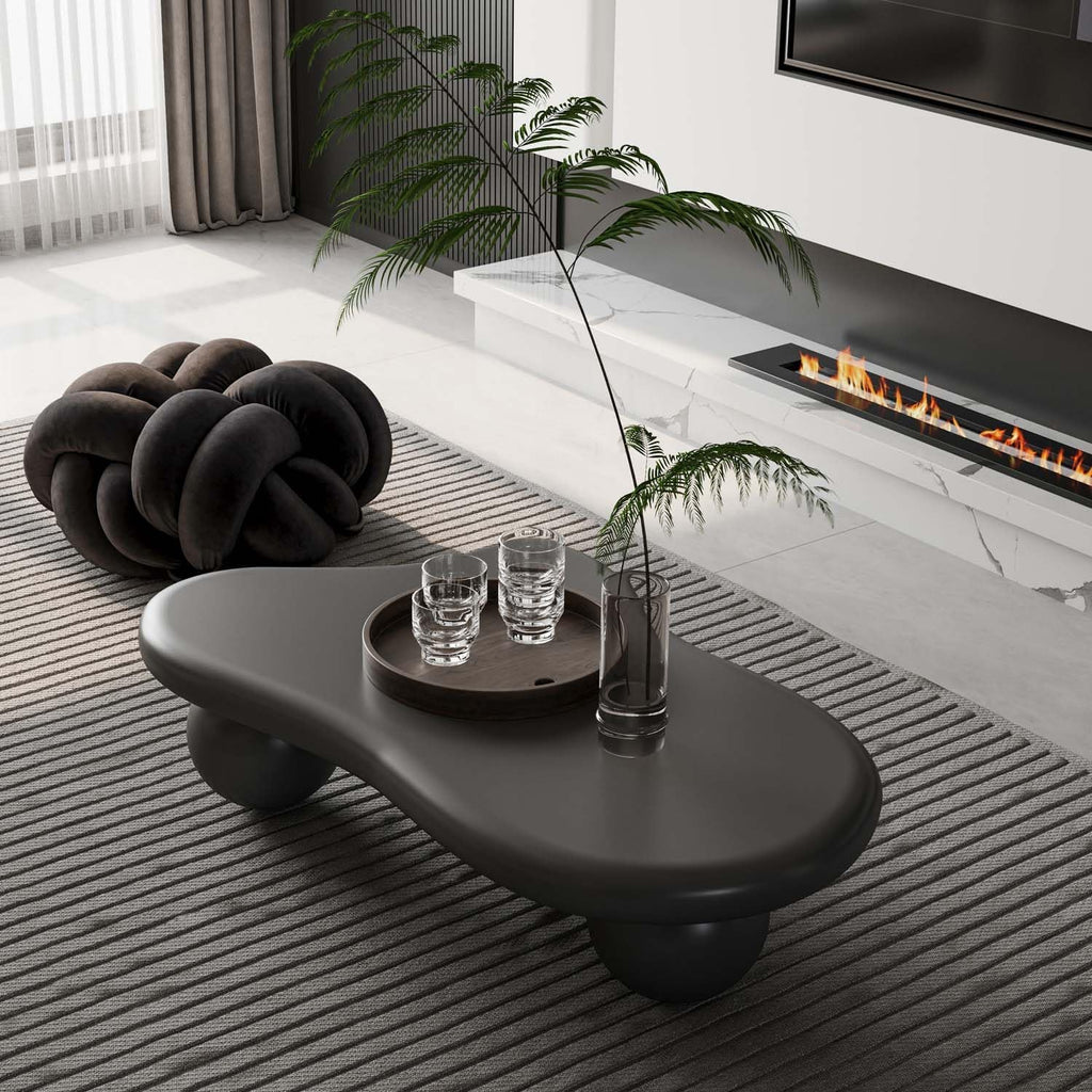 47' Modern Black Coffee Table Cloud Shape Low Center Table Cute Irregular Indoor Tea Table with 3 Ball Legs for Living Room Small Space