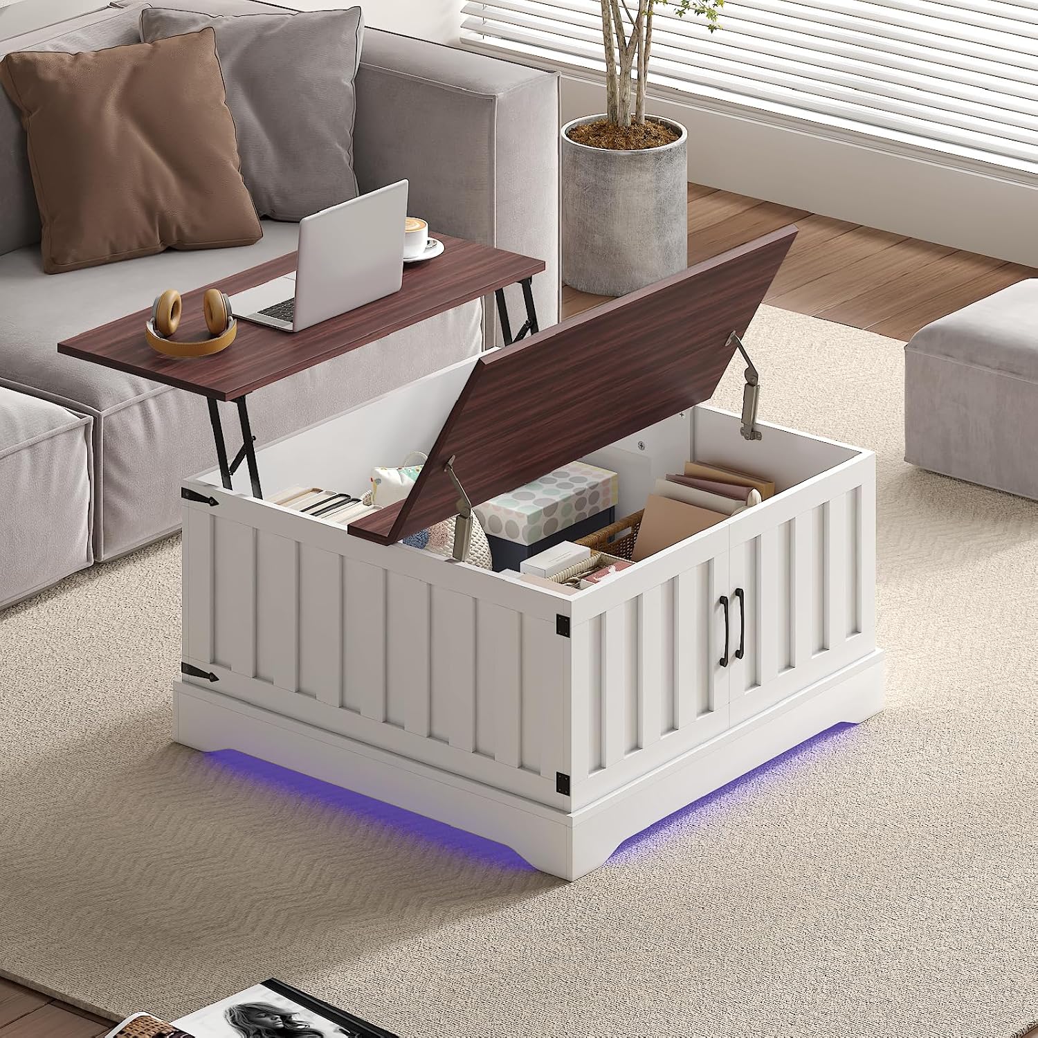 Square Lift Top Coffee Table with Storage, White Brown Led Coffee Table for Living Room with Large Hidden Storage, 30.7' Wood Table Led Center Table for Dining Reception Room